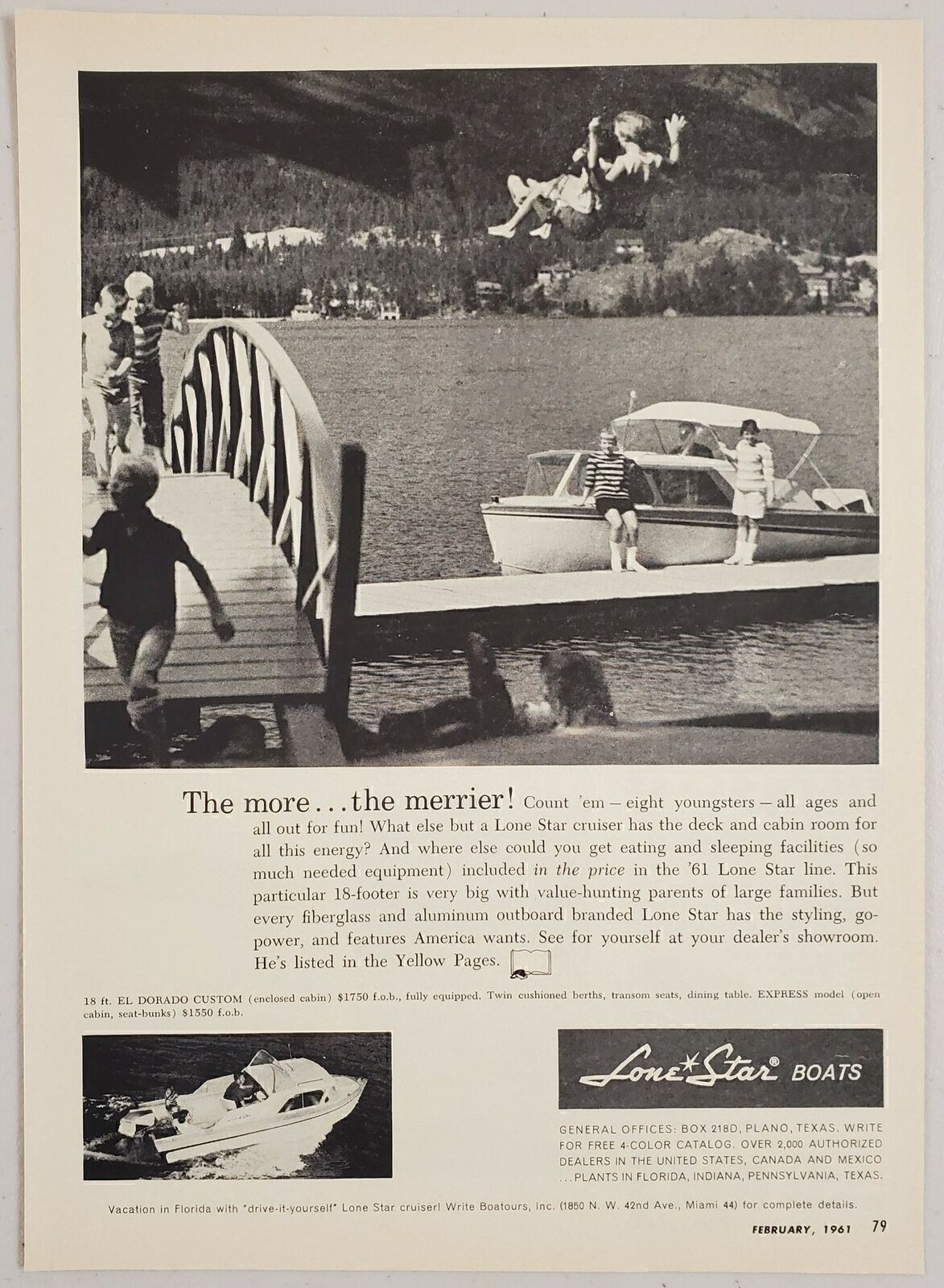 1961 Print Ad Lone Star 18-Ft El Dorado Boats Cruiser Made in Plano,Texas