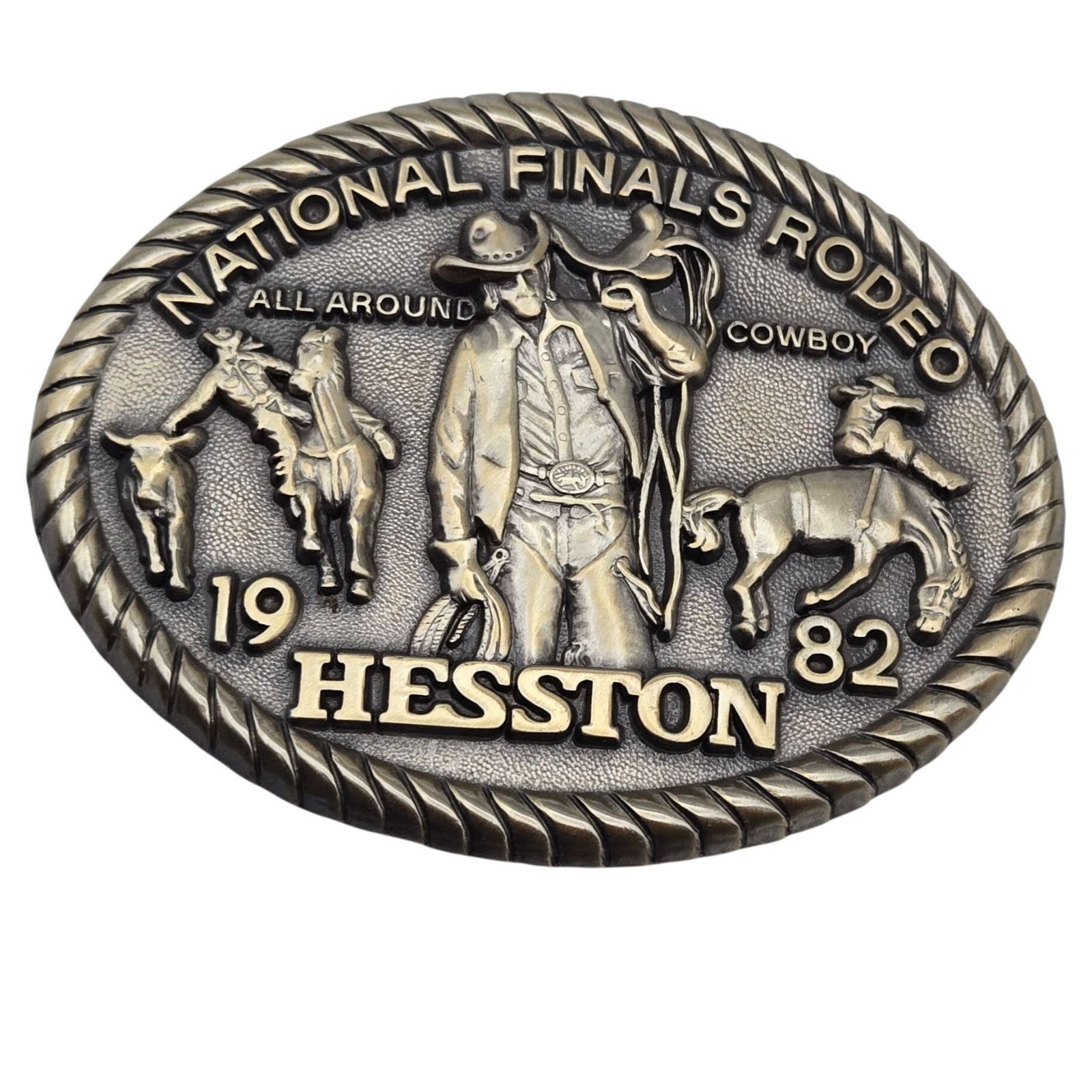 1982 Hesston Silver Award Belt Buckle NFR Rodeo All Around Cowboy RARE Western
