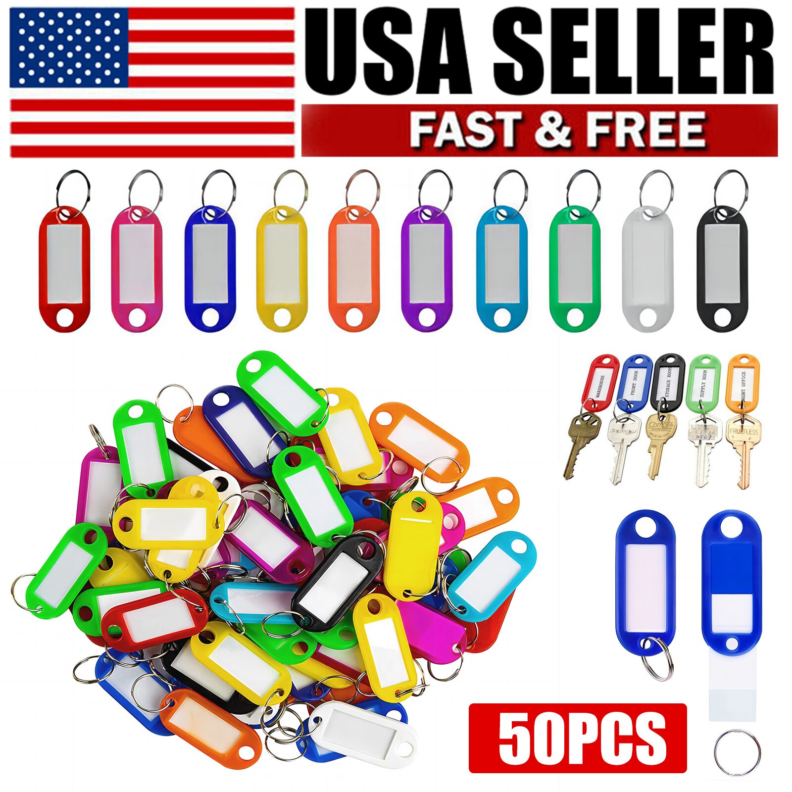 50 Pcs Plastic Key Tags with Split Ring, Luggage Fobs ID Name Label Keychain
