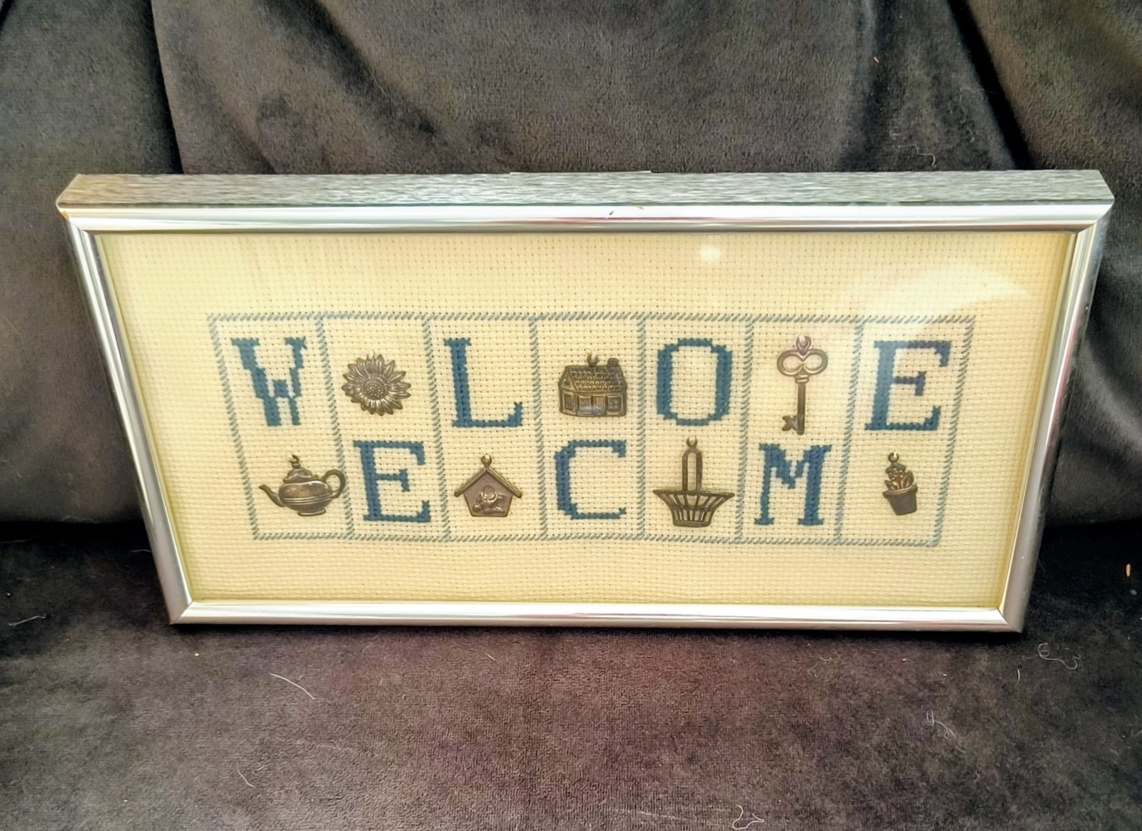 Completed Cross Stitch  Plaque Stand Sign Metal Charms Teapot basket Vtg.