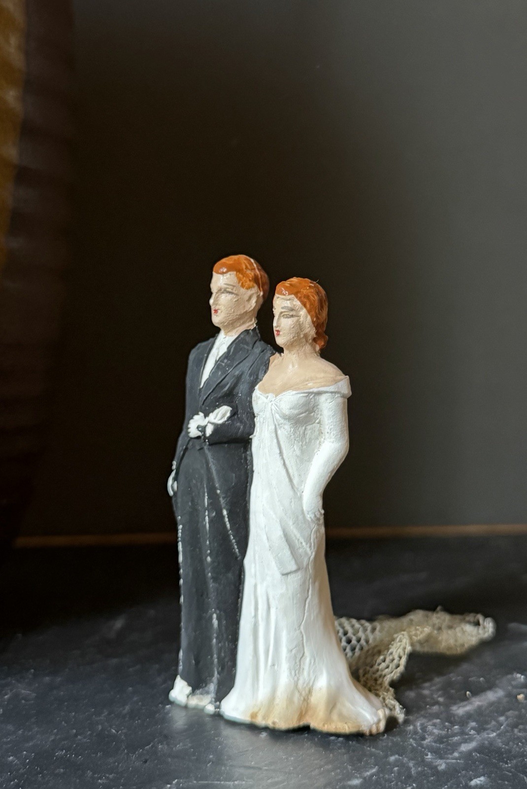 Vintage 1940 Chalkware Bride Groom Wedding Cake Topper Redhead Hair Veil RARE