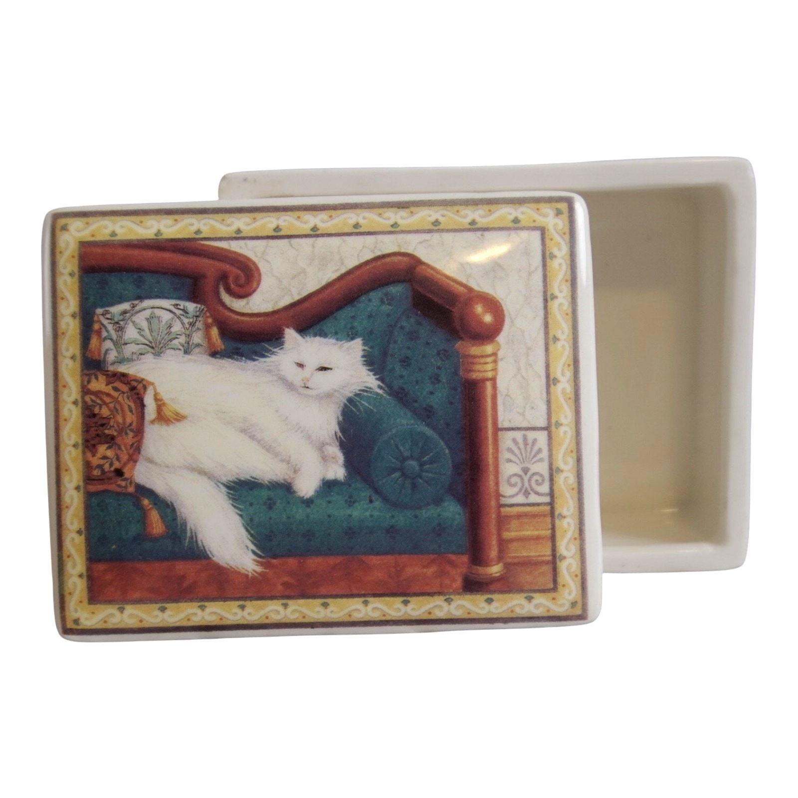 White Persian Cat Ceramic Trinket Box Rectangular Jewelry Keepsake Dish Lid 7oz