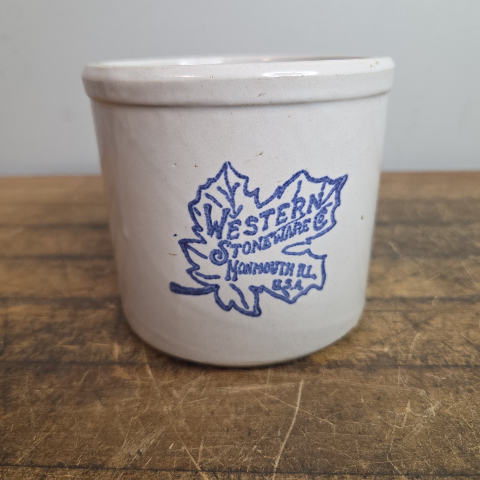 Small Antique Western Stoneware Crock  Leaf Markings Unnumbered