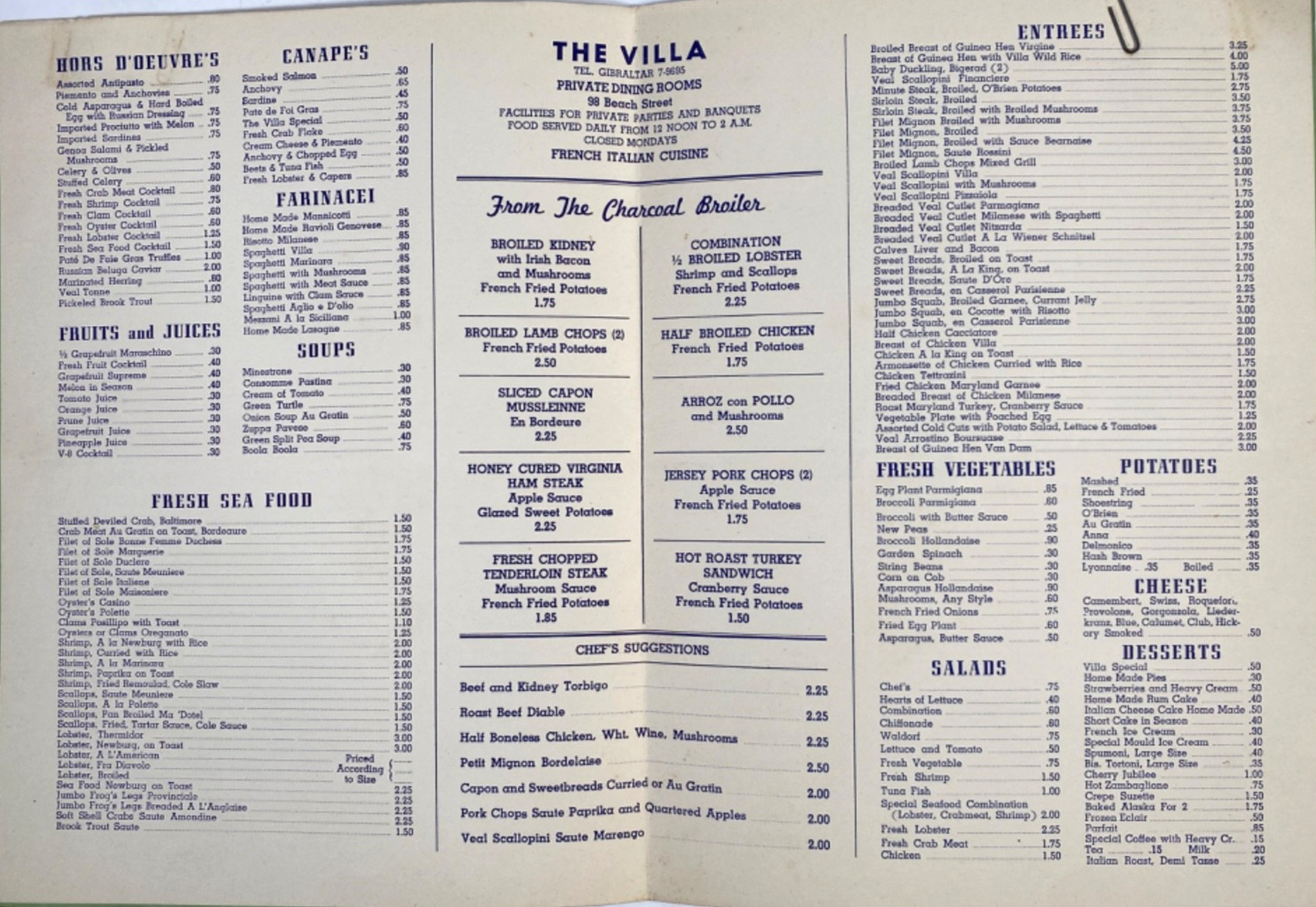 1950s THE VILLA vtg Italian restaurant dinner menu STATEN ISLAND, NEW YORK CITY