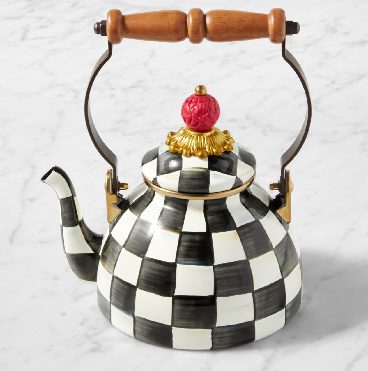 MacKenzie-Childs Courtly Check Enamel Whistling Tea Kettle full size MacKenzie-Childs Courtly Check Enamel Whistling Tea Kettle full size