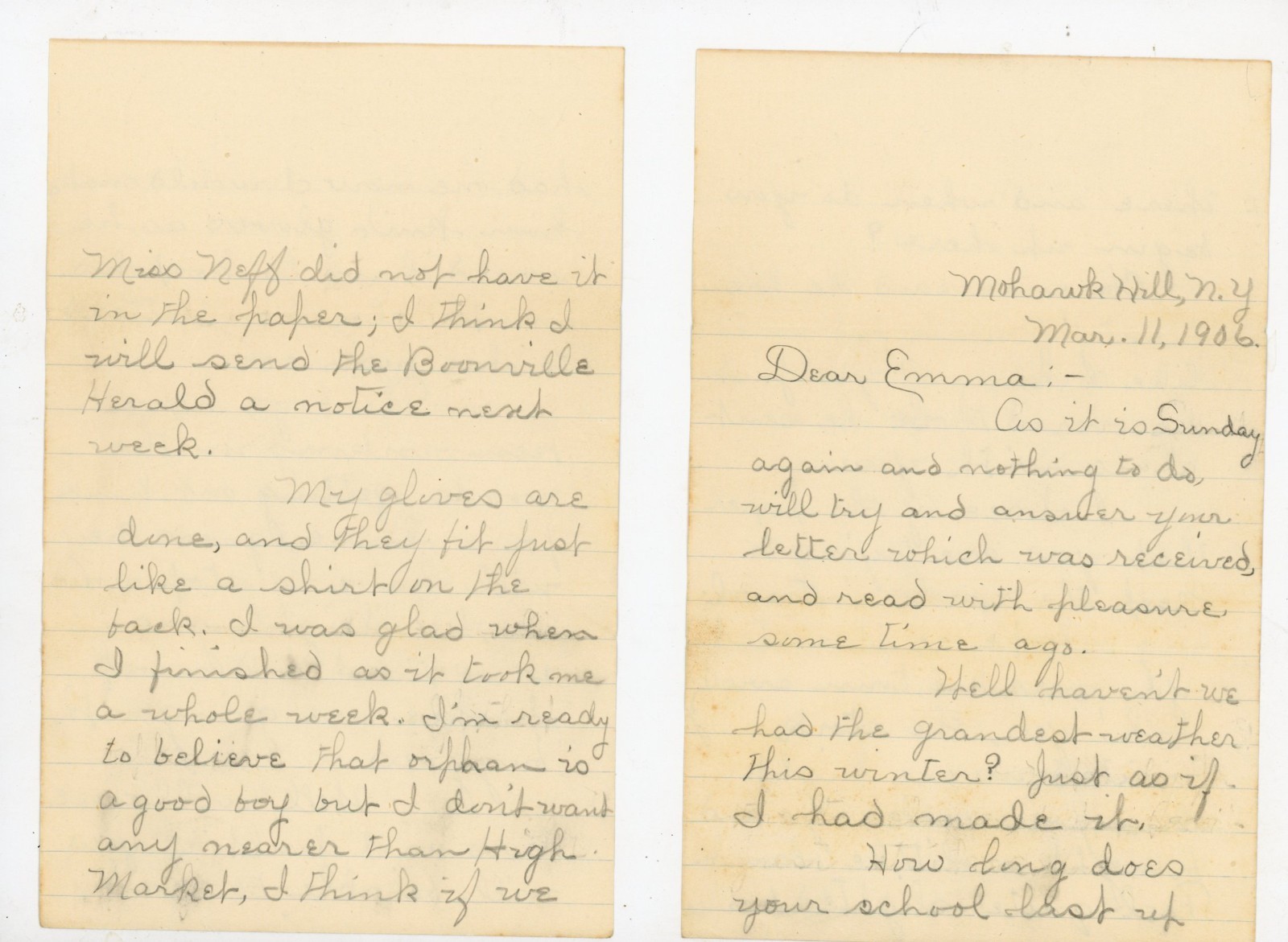 Vintage 1906 Handwritten Letter Mohawk Hill NY Boonville Herald Sleighing Baby