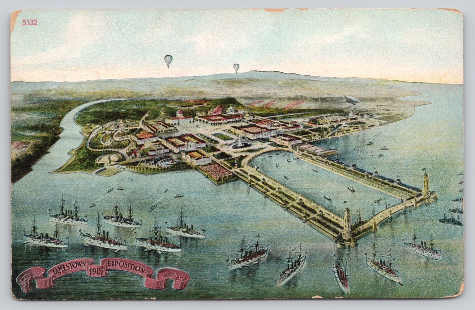 Jamestown Exposition 1907 Postcard Aerial View Ships & Ad for Rheumatism Jamestown Exposition 1907 Postcard Aerial View Ships & Ad for Rheumatism