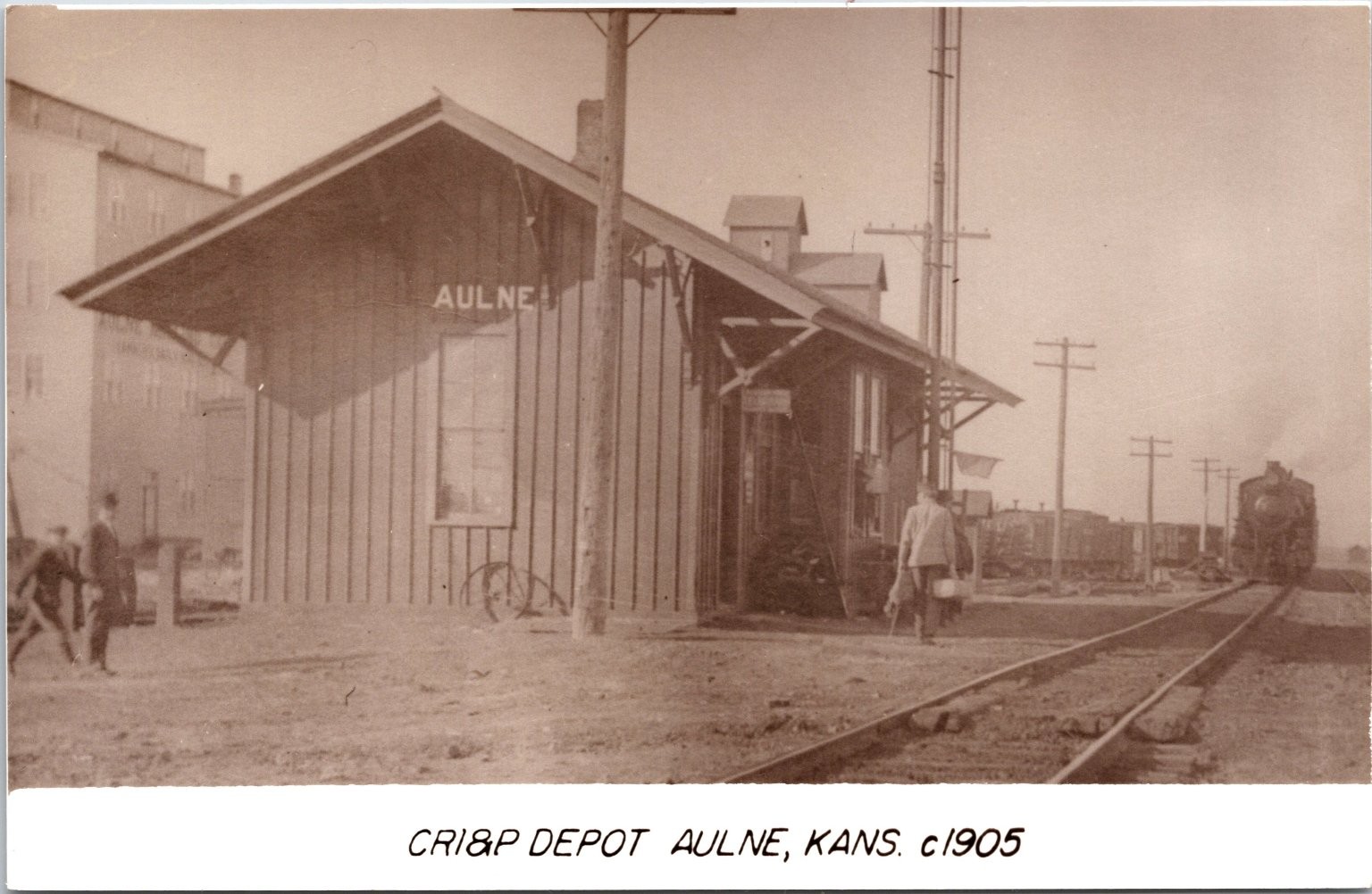 CRI&P Railroad Train Station Depot Aulne, KS Kansas Postcard People Locomotive CRI&P Railroad Train Station Depot Aulne, KS Kansas Postcard People Locomotive