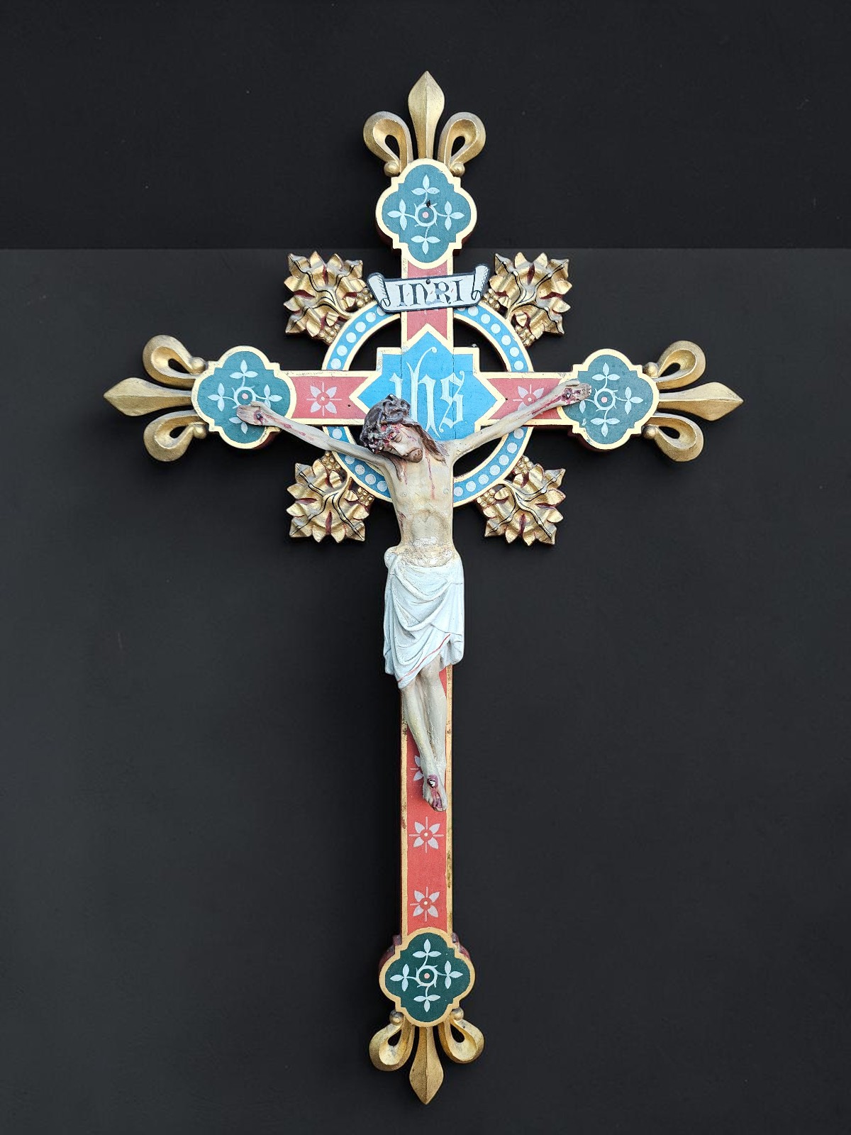 Antique Gothic Revival Polychrome Wood Crucifix Belgian 19thc Antique Gothic Revival Polychrome Wood Crucifix Belgian 19thc