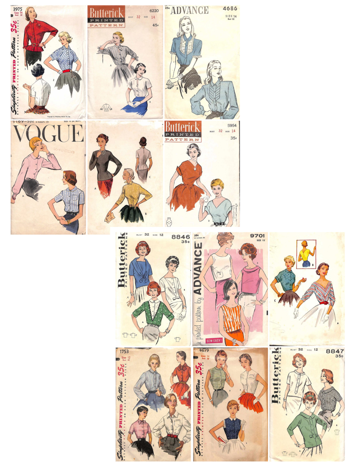 Lot of 12 Vintage 1940s 1950s Blouse Sewing Patterns - Bust 32 - All Complete