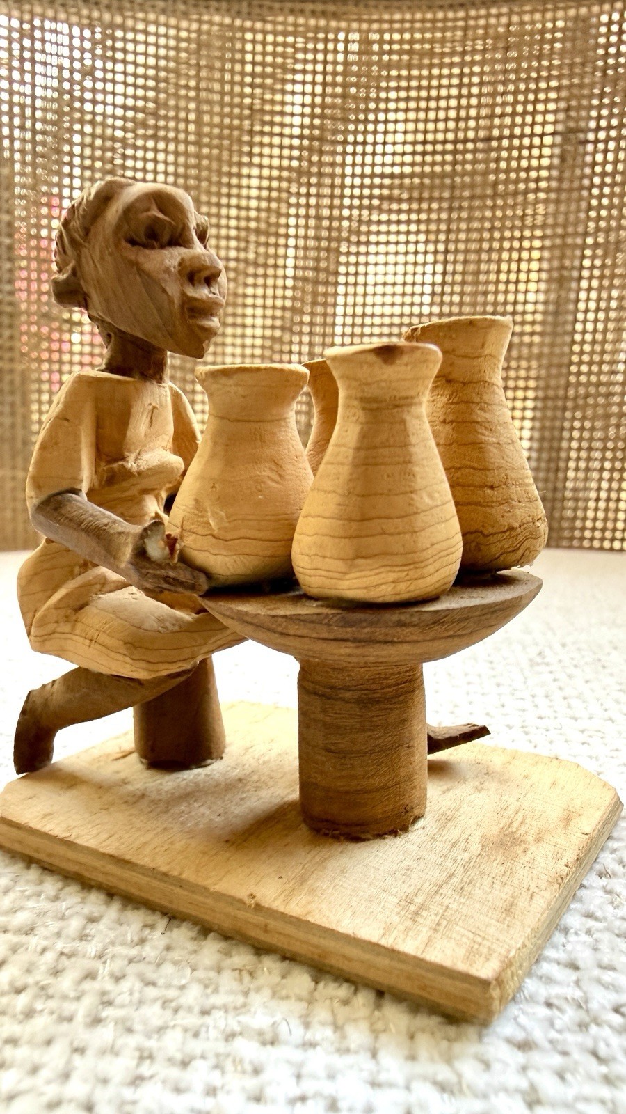 Vintage Nigerian Yoruba Thorn Wood Woman Pottery Figure Baby on Back Carving