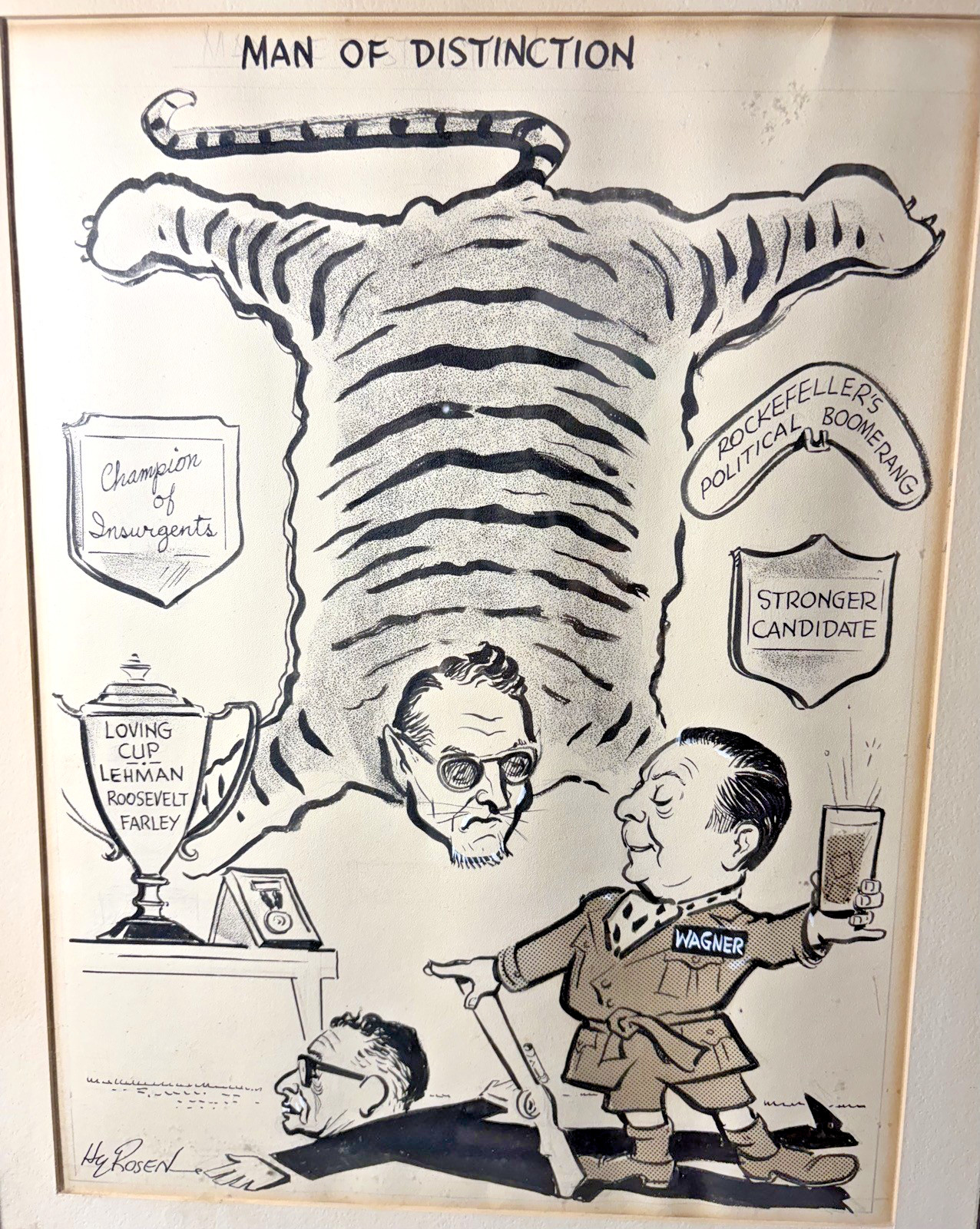 Original 1930's Pen & Ink Drawing Signed Hy Rosen NY Politics Rockefeller Wagner Original 1930's Pen & Ink Drawing Signed Hy Rosen NY Politics Rockefeller Wagner