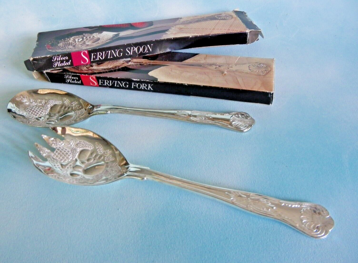 Ornate Silverplated Salad Serving Set Spoon & Fork 8.5\