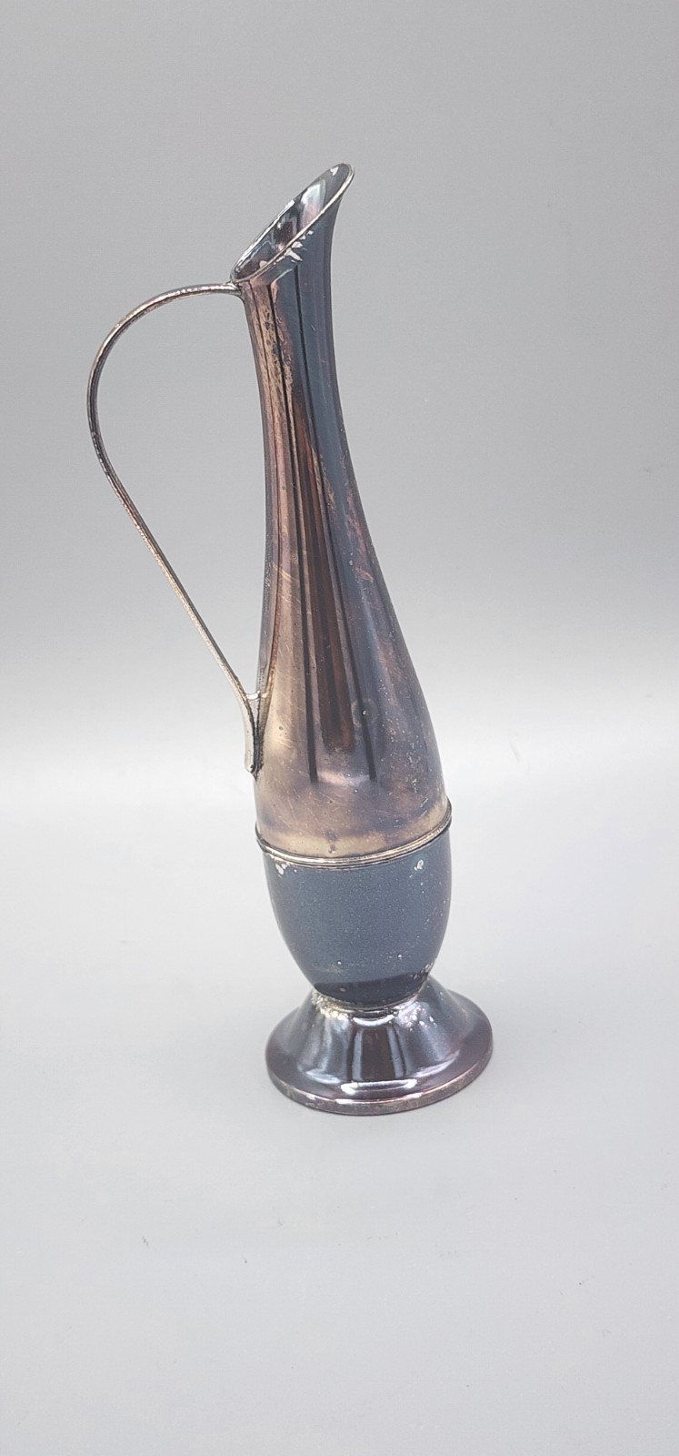 Vintage Mid-Century silver toned tarnish resistent bud vase w curved handle Vintage Mid-Century silver toned tarnish resistent bud vase w curved handle