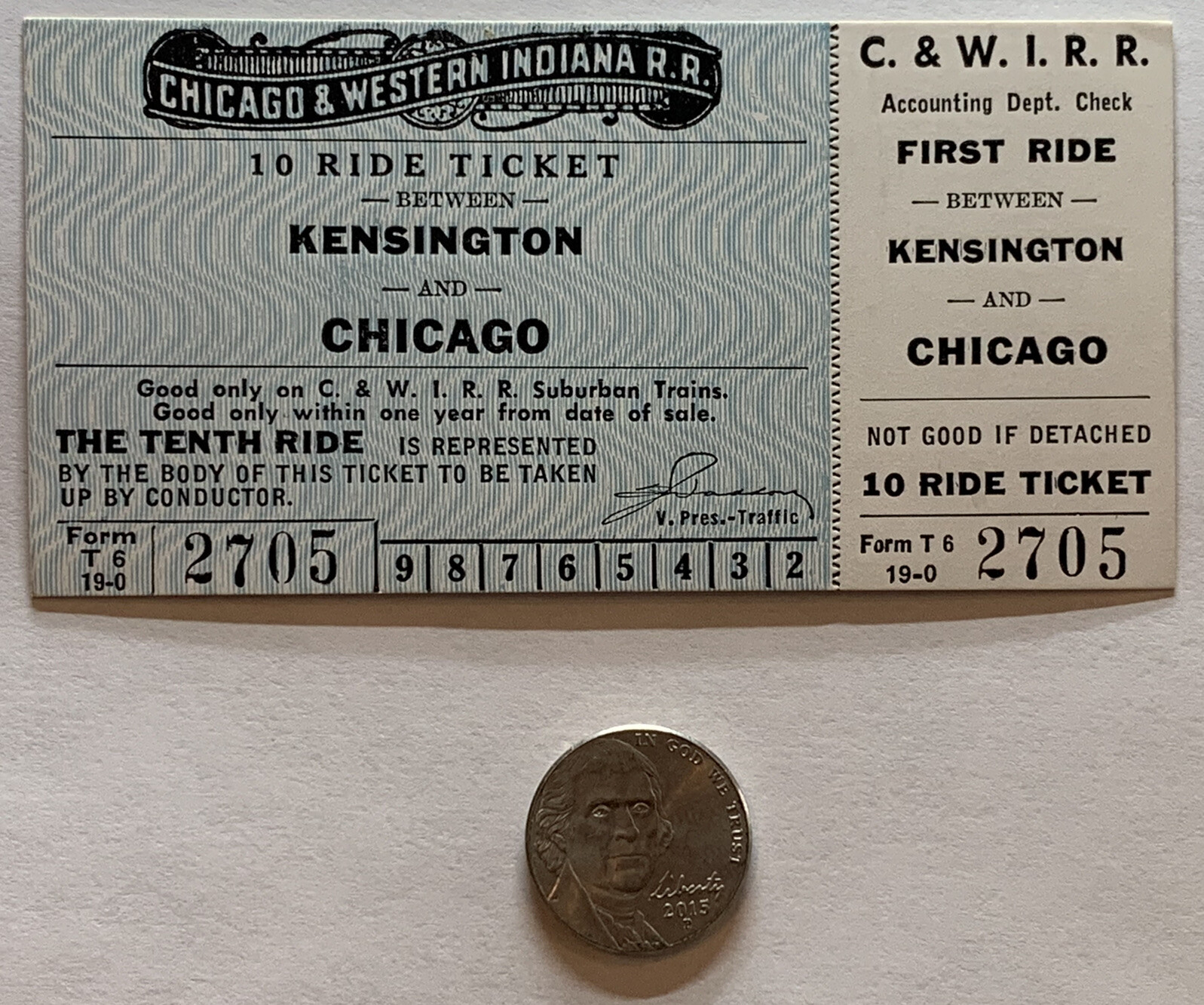 KENSINGTON AND CHICAGO 10 RIDE TICKET C&WI TRAIN BLUE WHITE #2705 FIRST RIDE