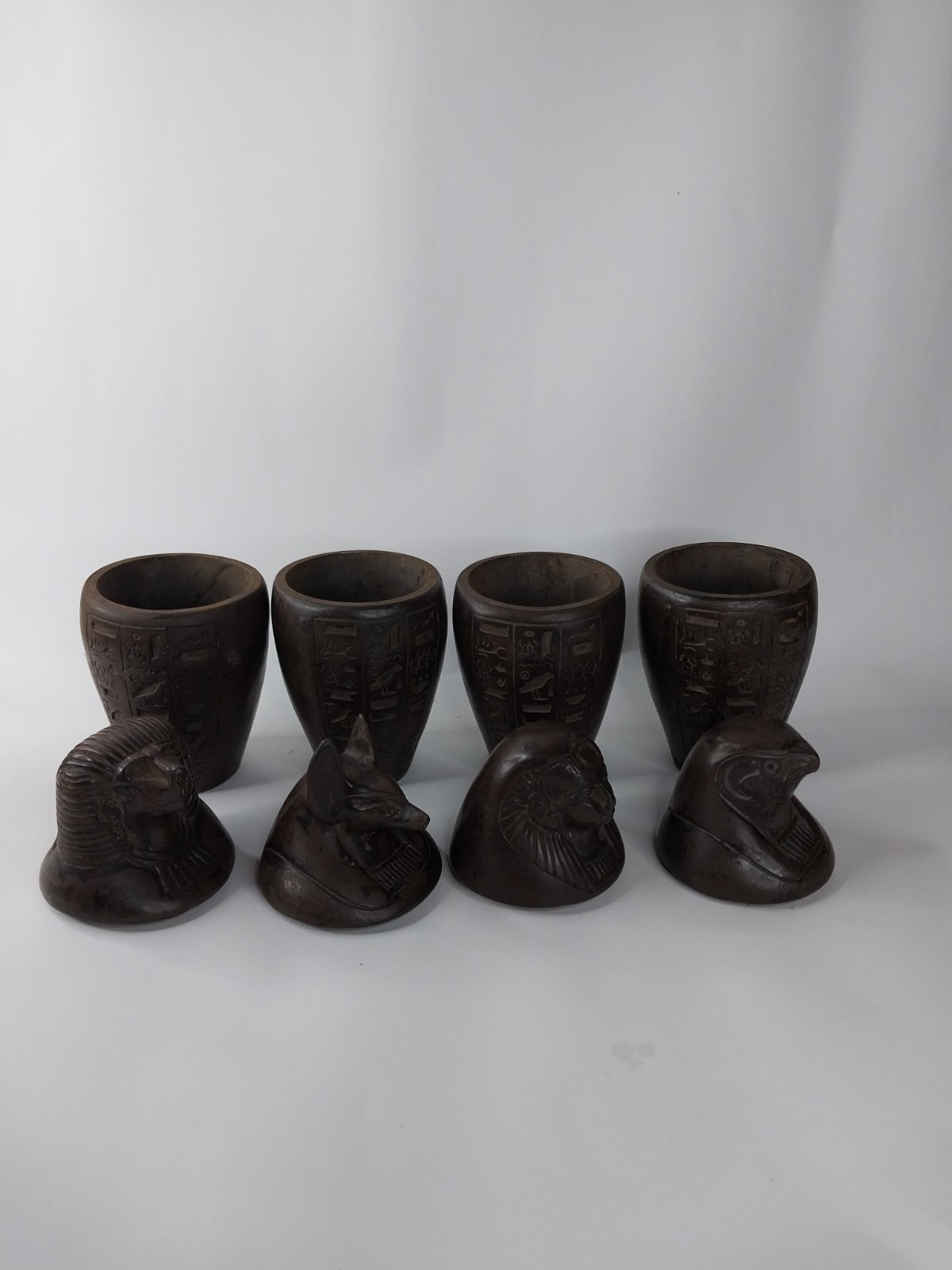 RARE ANCIENT EGYPTIAN ANTIQUITIES 4 Statue Stone Canopic Jars with Hieroglyphics RARE ANCIENT EGYPTIAN ANTIQUITIES 4 Statue Stone Canopic Jars with Hieroglyphics