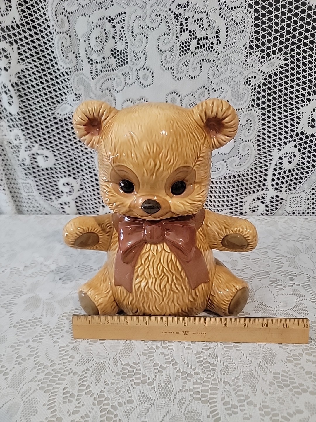 Vintage Albertas Molds Caramel  Brown Teddy Bear brown Bow Cookie Jar 11.5\