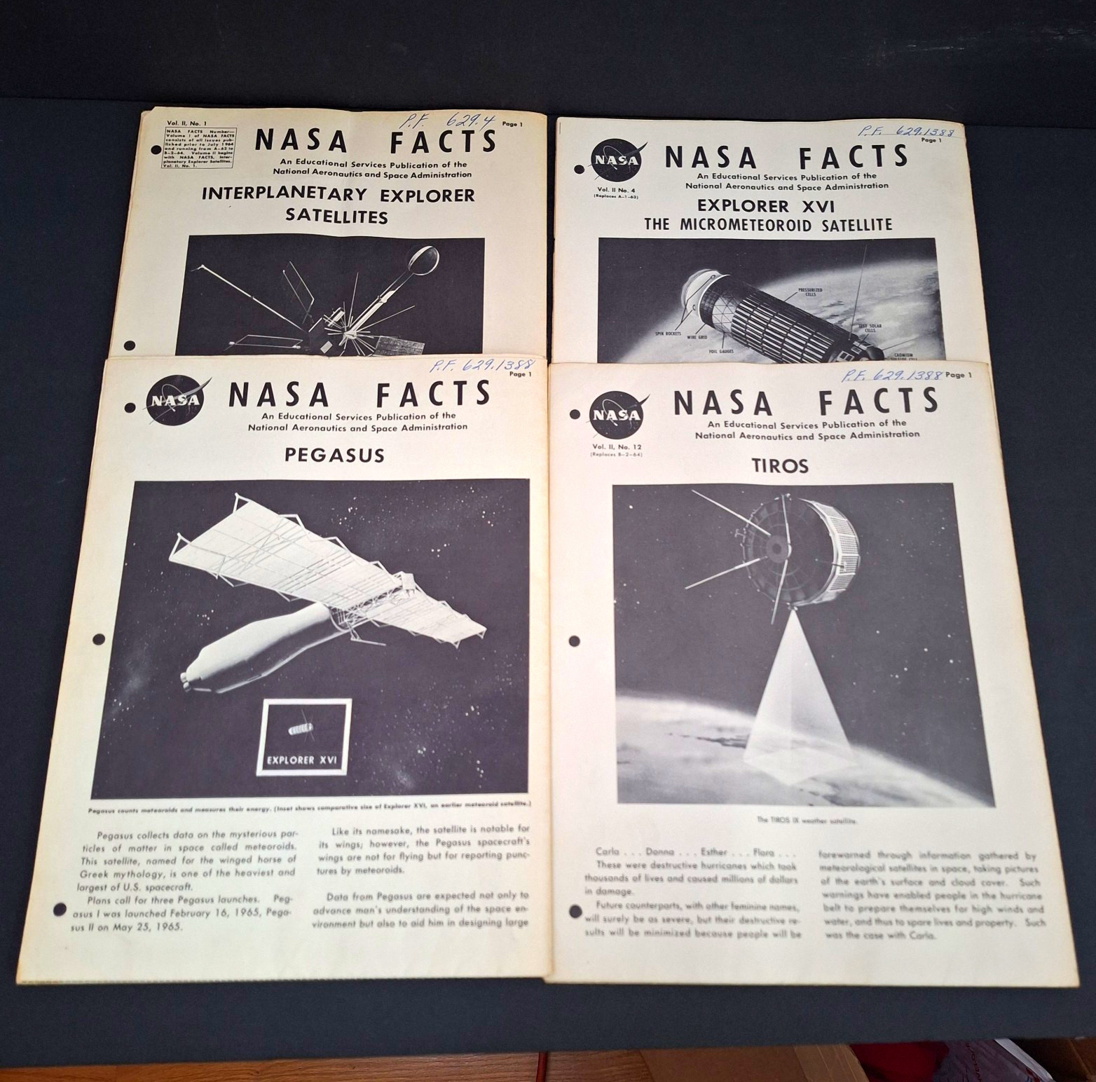 NASA Facts Educational Publications Lot of 4 Explorer XVI TIROS Pegasus 1963-65 NASA Facts Educational Publications Lot of 4 Explorer XVI TIROS Pegasus 1963-65