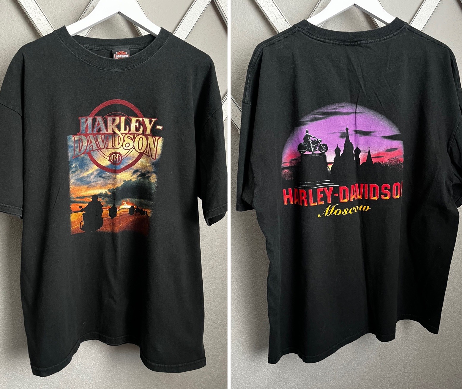 Harley Davidson Men\'s 2X Moscow Russia Double Sided T-Shirt Black Harley Davidson Men\'s 2X Moscow Russia Double Sided T-Shirt Black