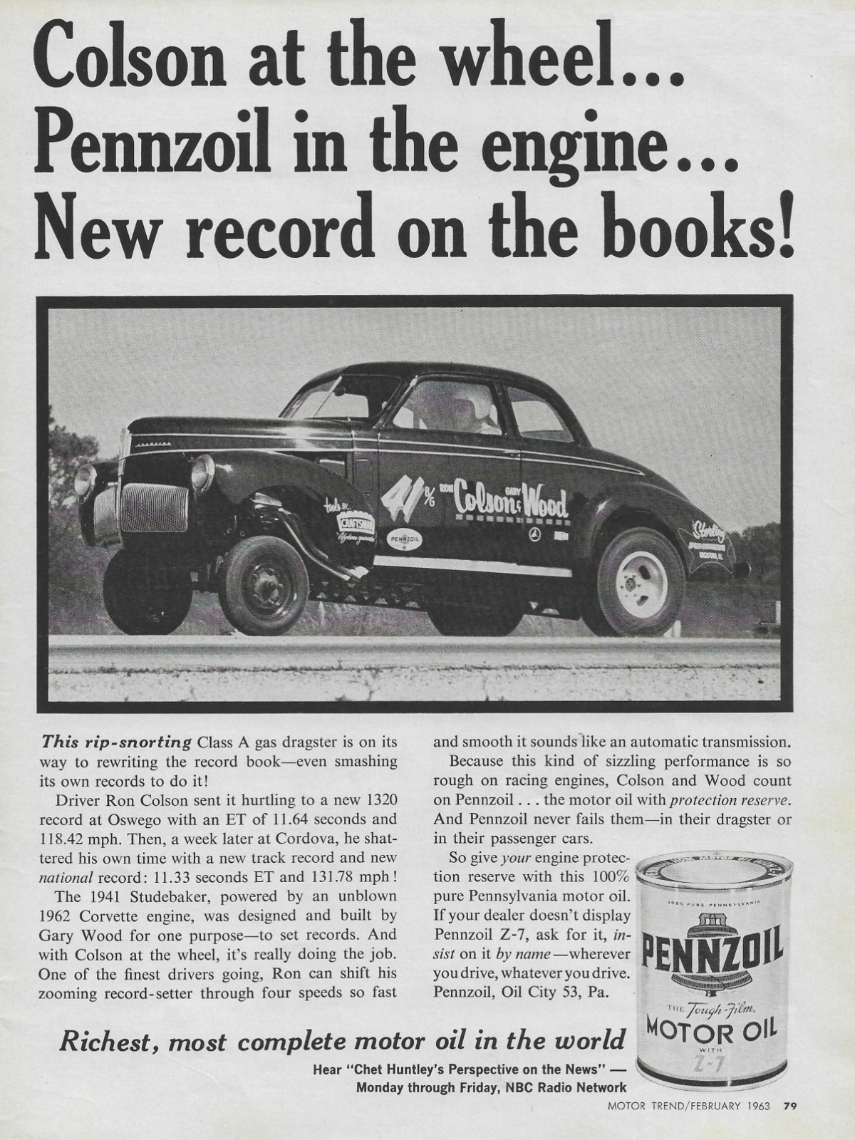 1963 Pennzoil Magazine Ad 1941 Studebaker Champion Ron Colson & Wood Dragster 63
