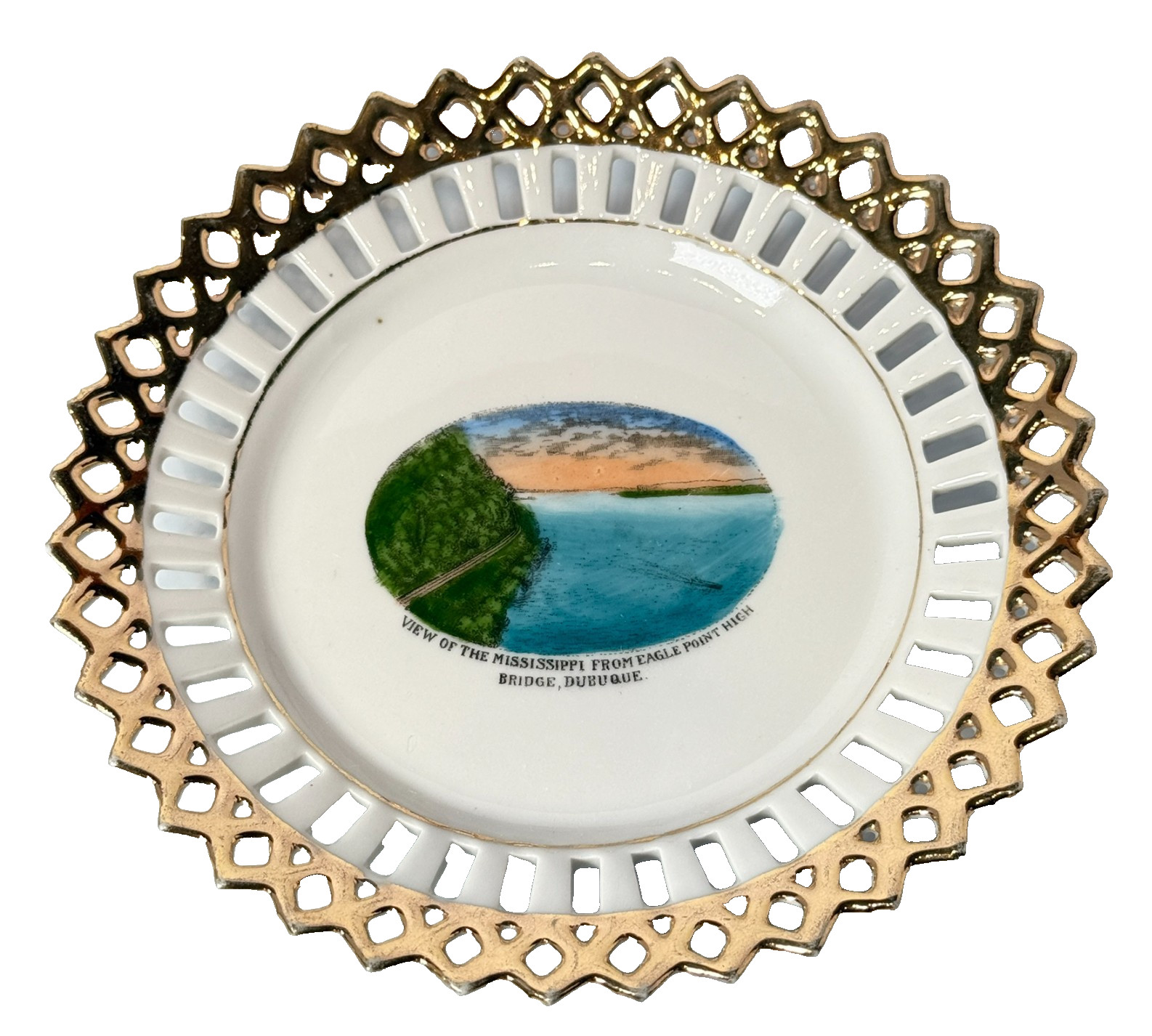 DUBUQUE EAGLE POINT BRIDGE Souvenir China TRINKET DISH RIBBON PLATE DUBUQUE EAGLE POINT BRIDGE Souvenir China TRINKET DISH RIBBON PLATE
