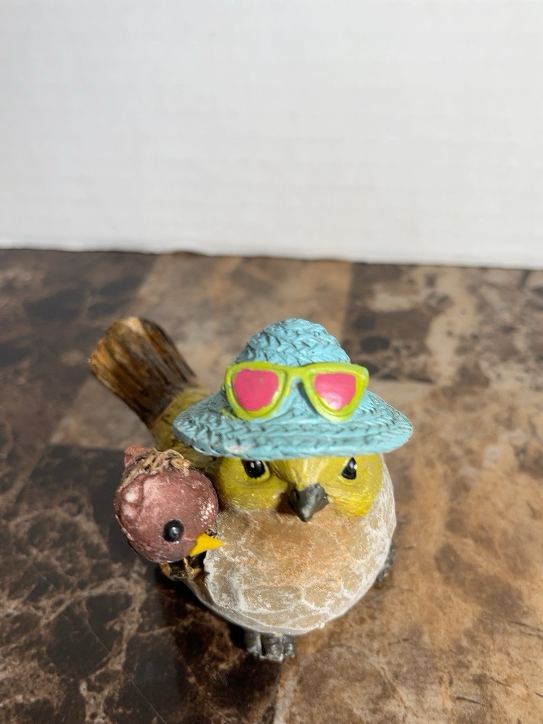 Whimsical Bird Figurine Mom Baby Blue Sun Hat Sunglasses Spring Decor 3”