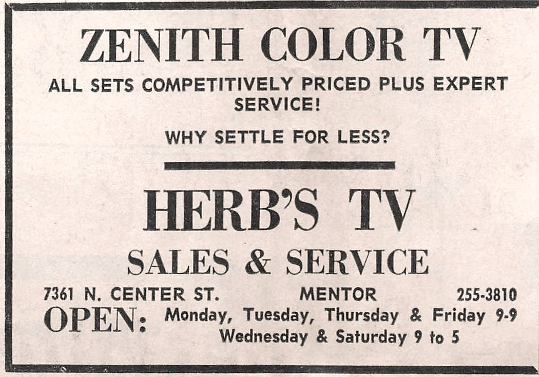 Herb’s TV Sales & Service Zenith TV Mentor OH Painesville Vtg Newspaper Print Ad