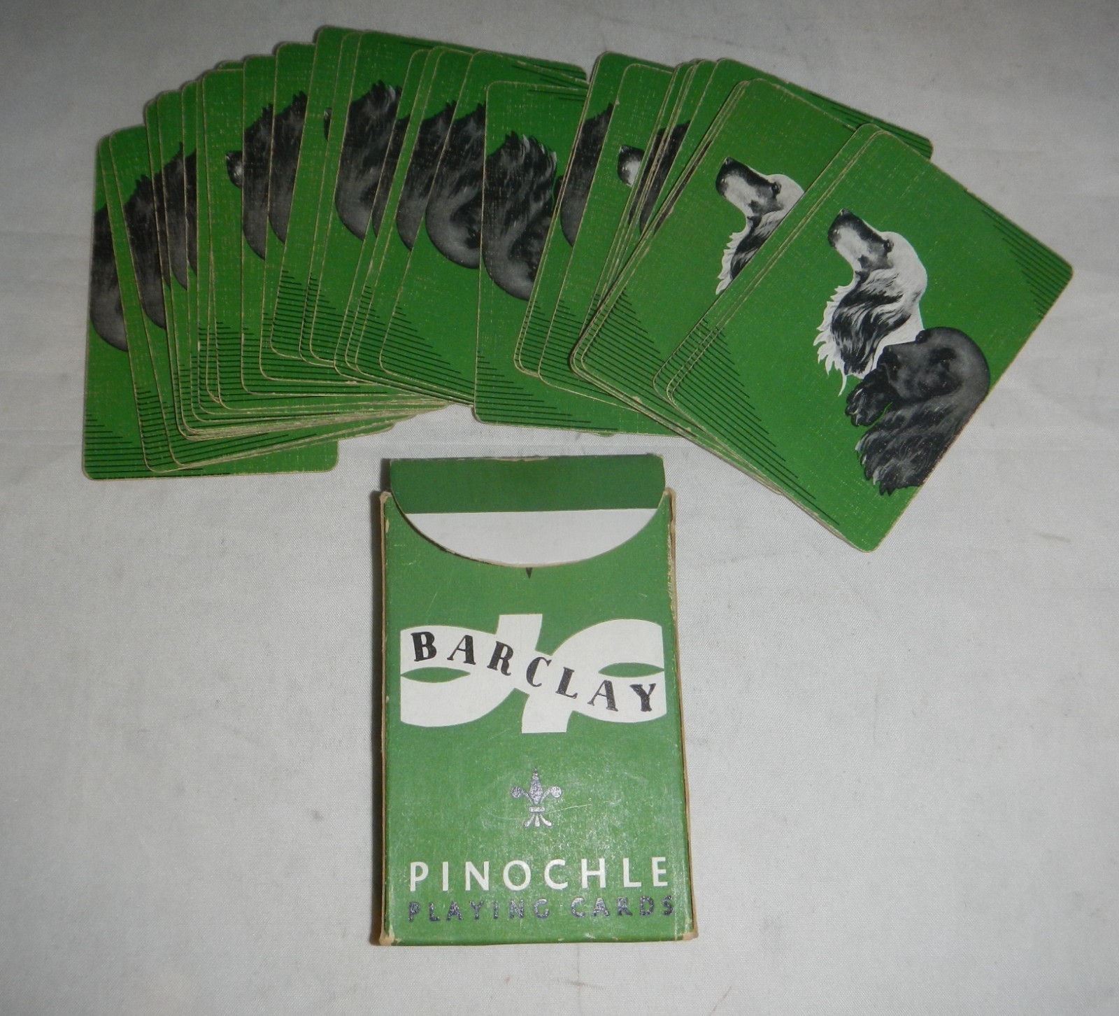 Barclay Pinochle Deck of Playing Cards Linen Green w/ Black & White Dog Portrait Barclay Pinochle Deck of Playing Cards Linen Green w/ Black & White Dog Portrait