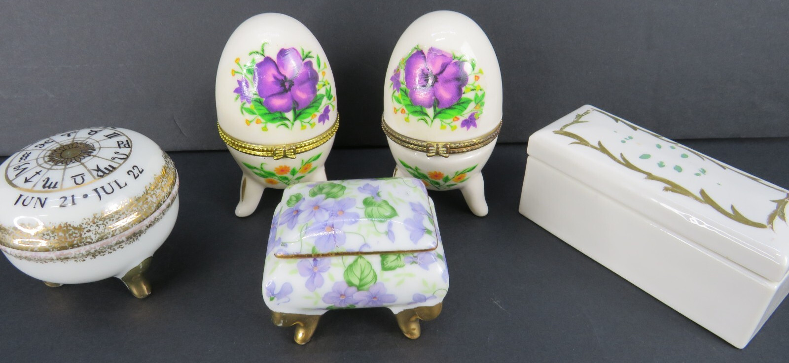 Lot of 5 Vintage porcelain Egg Round Square Floral Purple Footed cancer trinket Lot of 5 Vintage porcelain Egg Round Square Floral Purple Footed cancer trinket