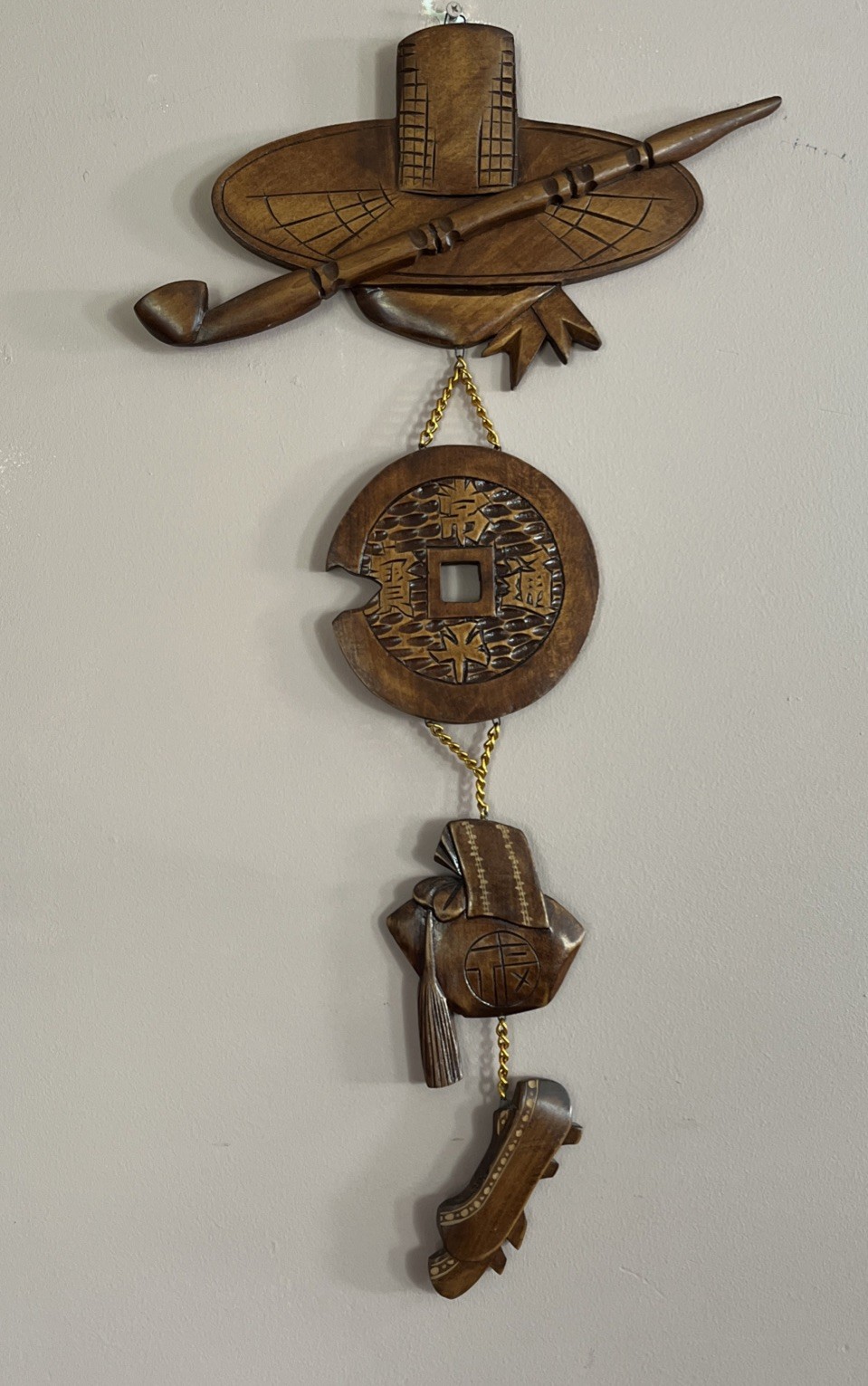 Vintage Mid-Century Chinese Hand-Carved Wood Plaque Wall Art 26.75” Long
