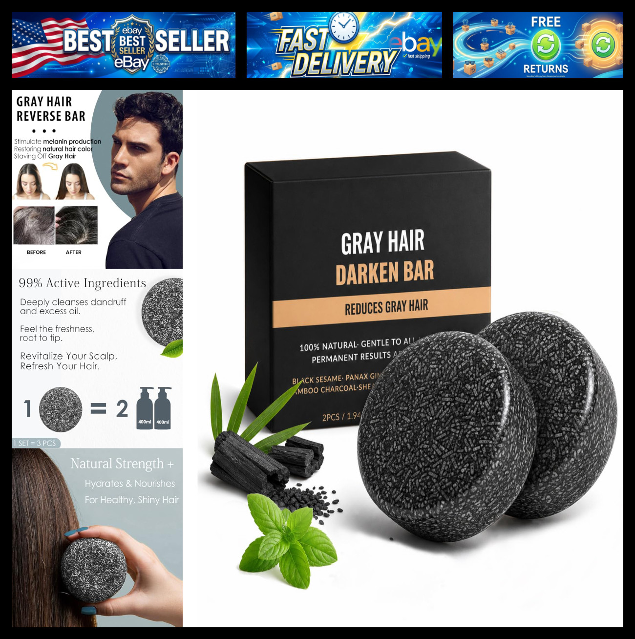 Callmynm Gray Hair Reverse Bar, 2 PCS Black Soap for Hair & Beard Darkening