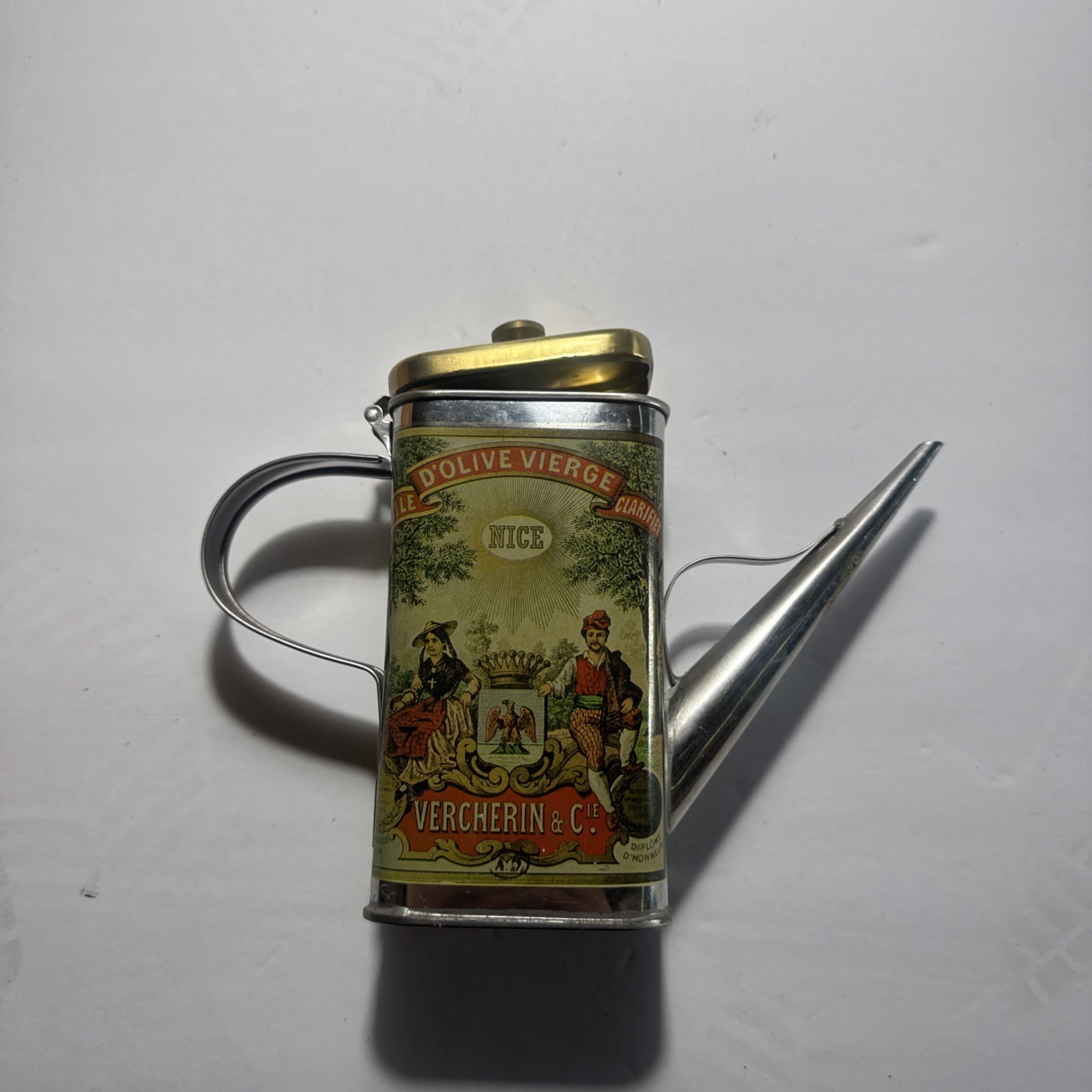 Vtg Vercherin & Co. Oil Tin Metal Can Vierge Decanter Spout Handle 