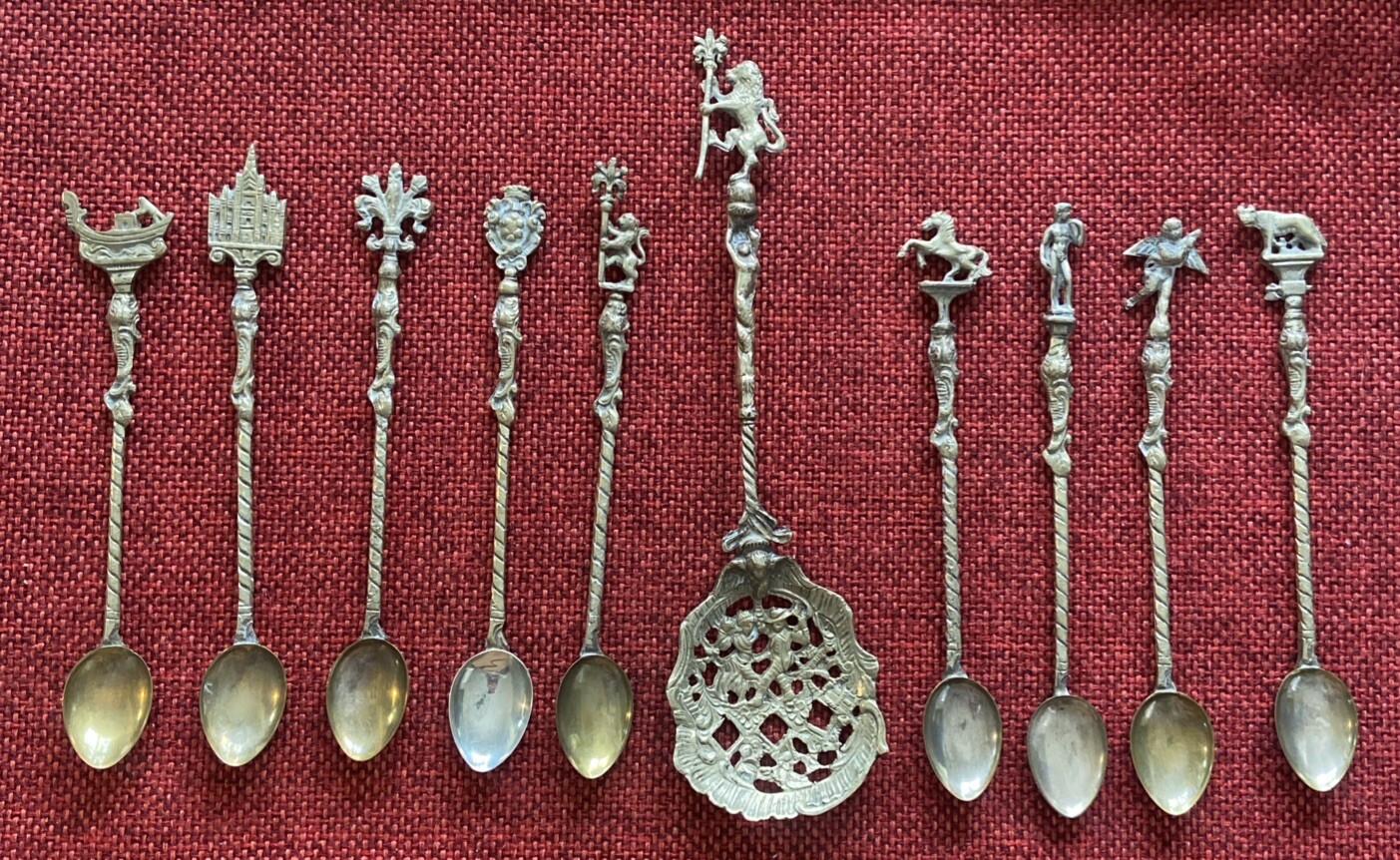 Vintage Italy Montagnani Brass Serving Spoon & (9) Small Spoons Set