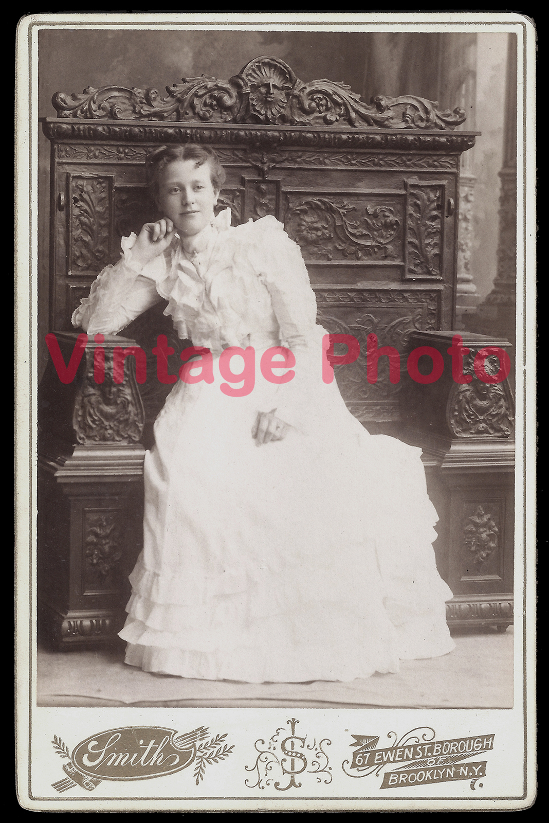 Elegant Young Lady Seated on Elaborately Carved Throne in 1880's Brooklyn NY