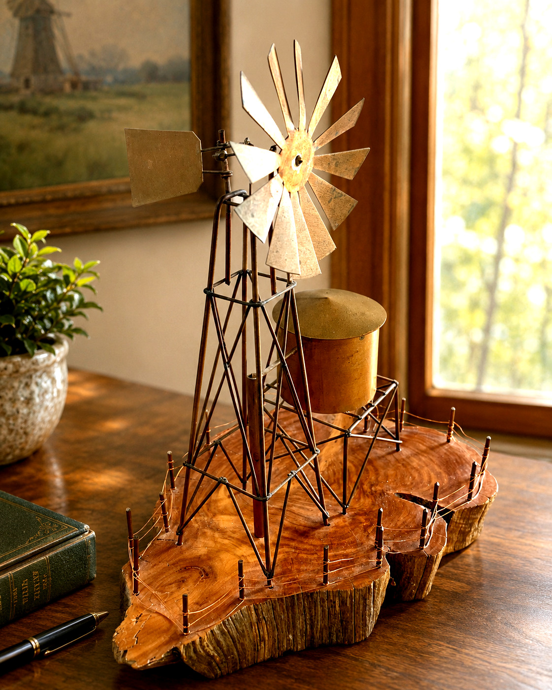 1979 Mike Hinz Signed Handcrafted Copper Windmill and Water Tower Sculpture