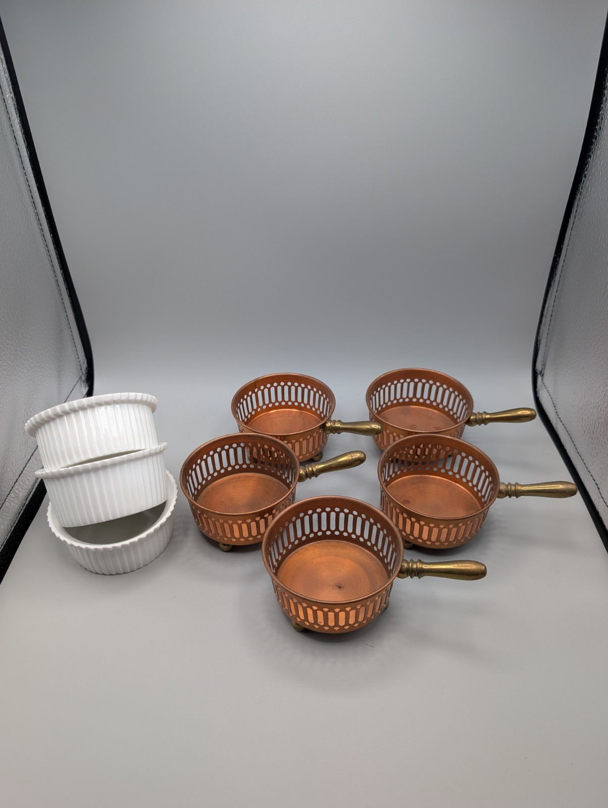 Set of 5 Vintage Copper Ramekin Holders w/ 3 French Limoges Inserts 