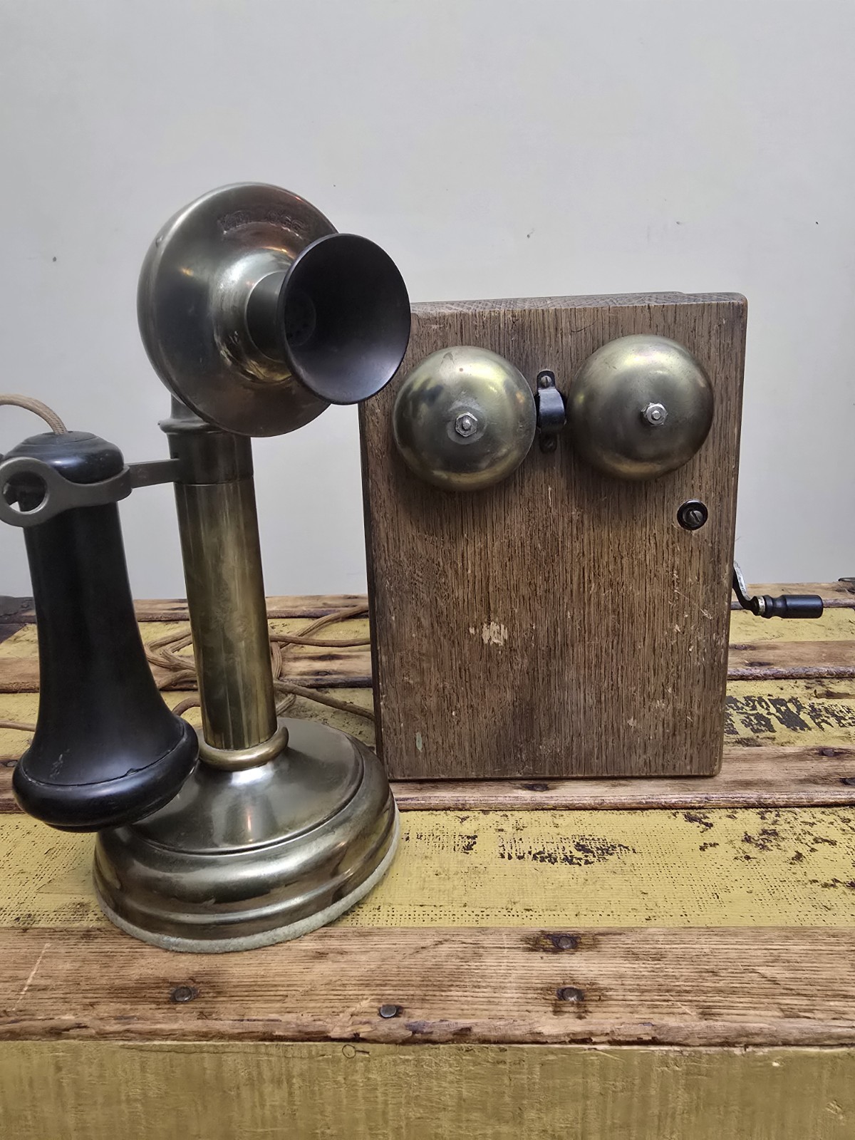 Antique Kellogg F118 Brass Candlestick Telephone 1901 1907 Patent Ringer Box Set