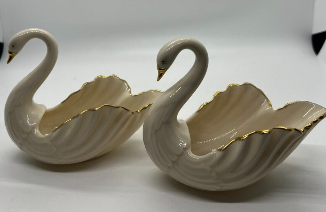 2 Lenox China Cream Swan Small Dish Hand Decorated w/ 24k Gold Trim 5\