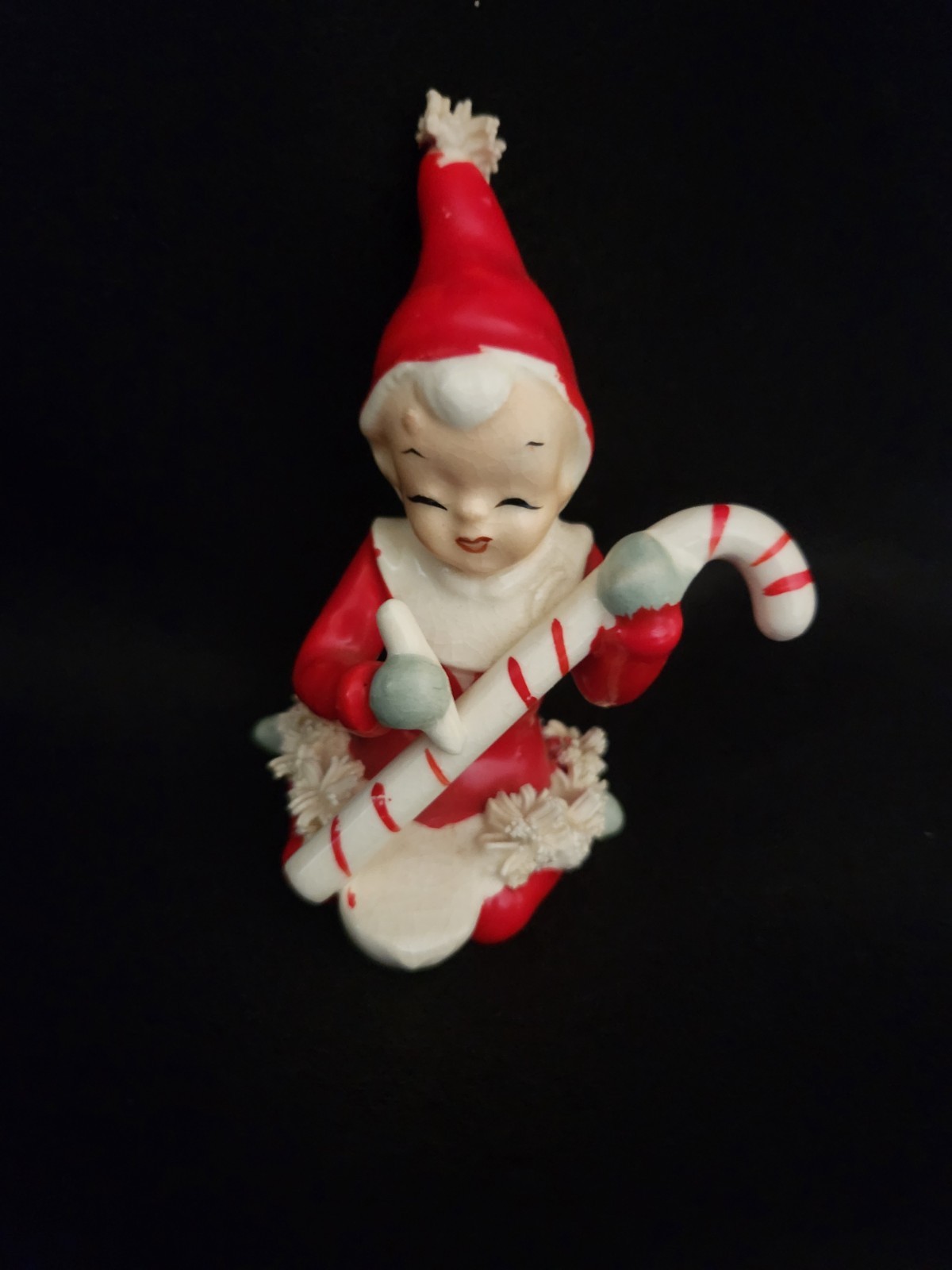 Vintage Napco Ceramic Christmas Spaghetti Elf Figure Kneeling Candy Cane 3.75 Vintage Napco Ceramic Christmas Spaghetti Elf Figure Kneeling Candy Cane 3.75