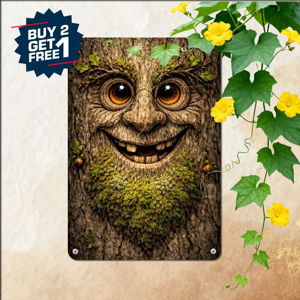 Googly Eyes Tree Face Beard Mustache Sign Retro Forest Lawn Metal Plaque