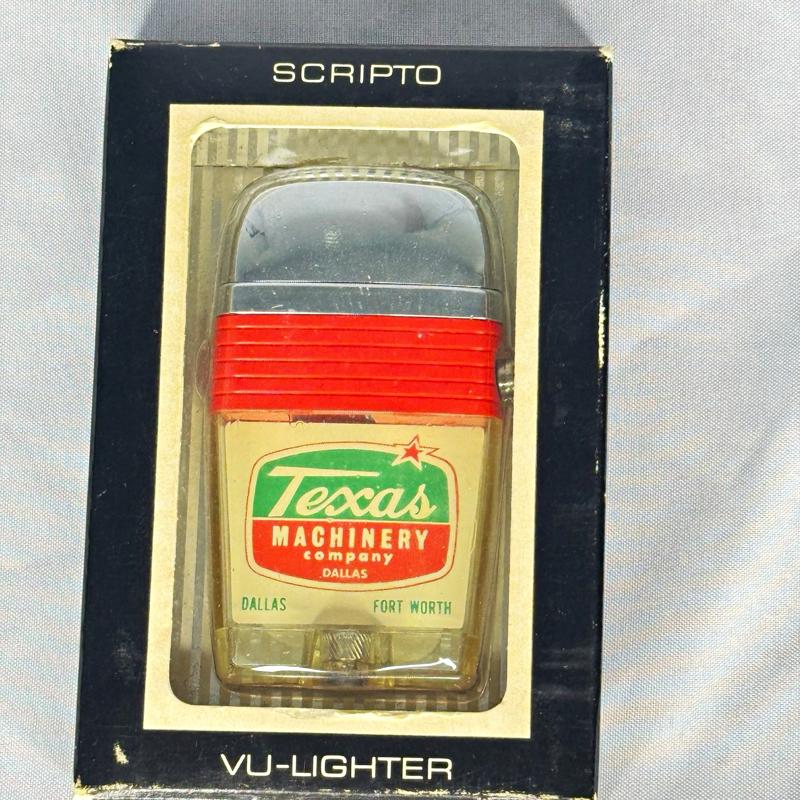 1960’s Scripto VU-Lighter in Box - Texas Machinery Company Dallas Fort Worth