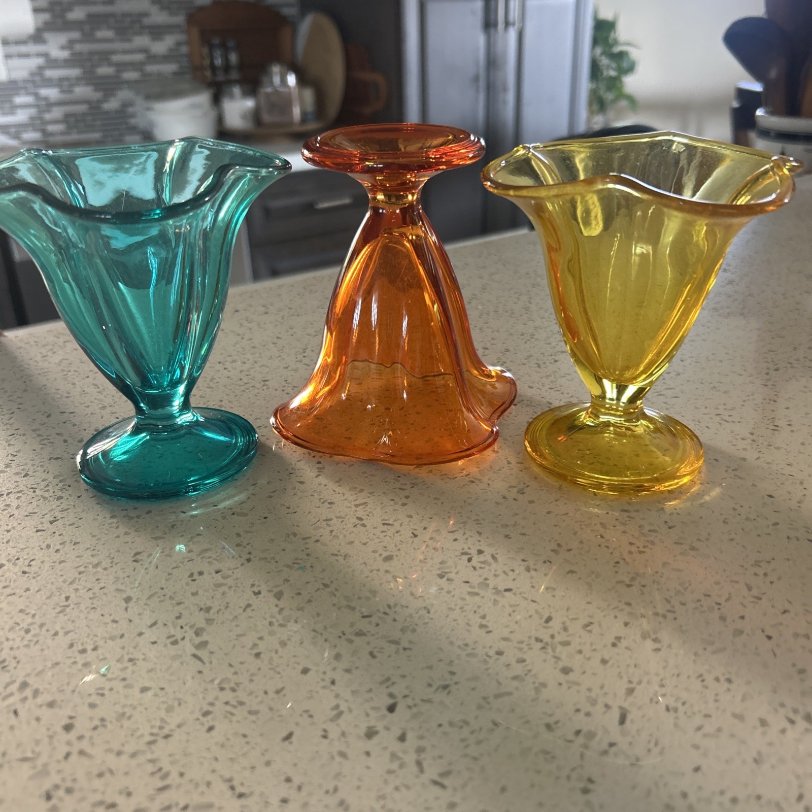 Trio Of Redenvelope Vtg Champagne Sundae Glasses Aquamarine Marigold Lemon 4.5”