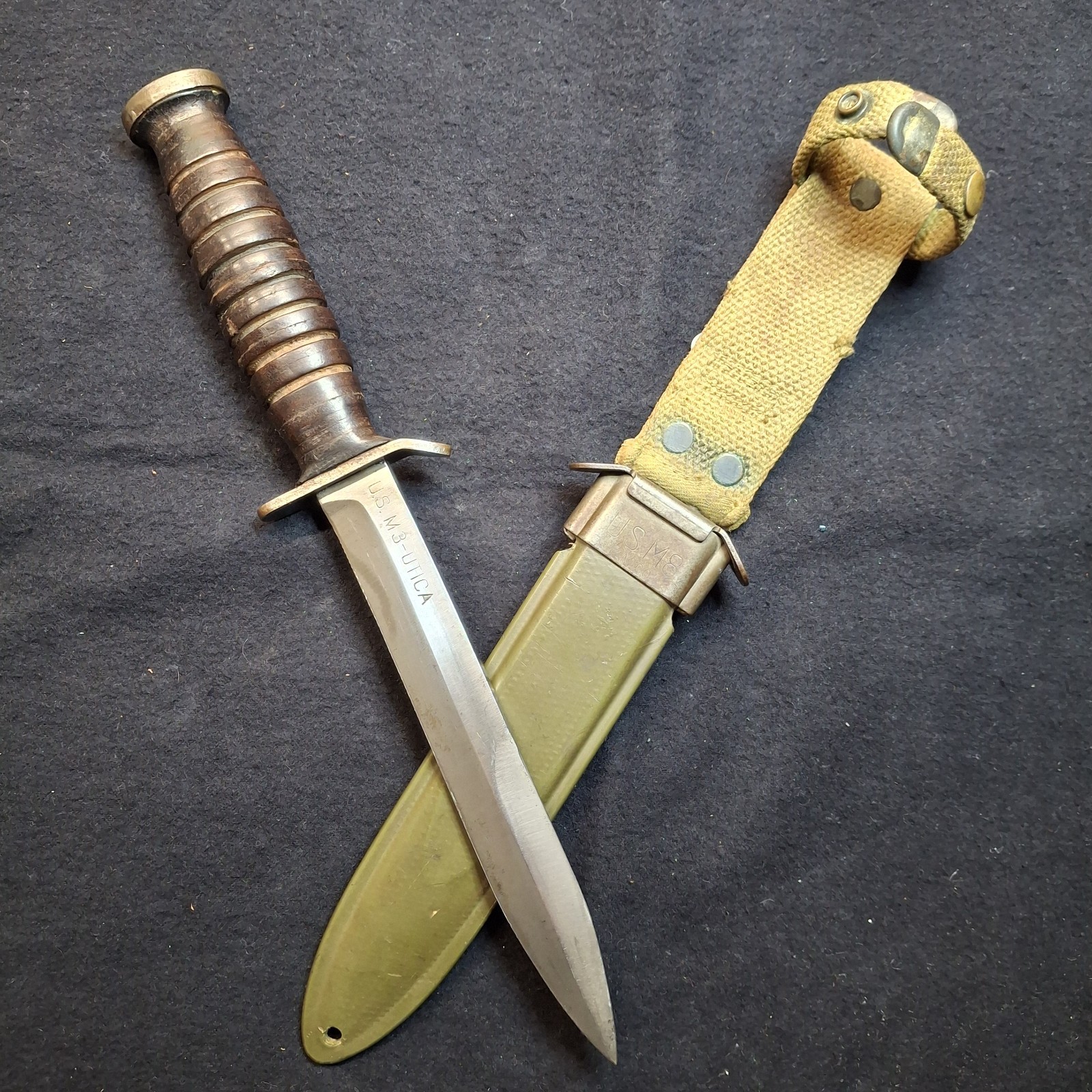 WWII Utica M3 US Combat Fighting Knife Blade Marked W/M8 Scabbard WW2 