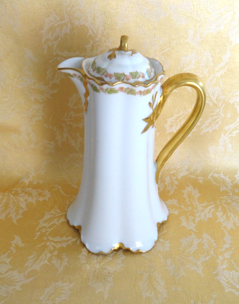 Antique Haviland Limoges Porcelain Hand Painted  Chocolate Pot Heavy Gold Gilt