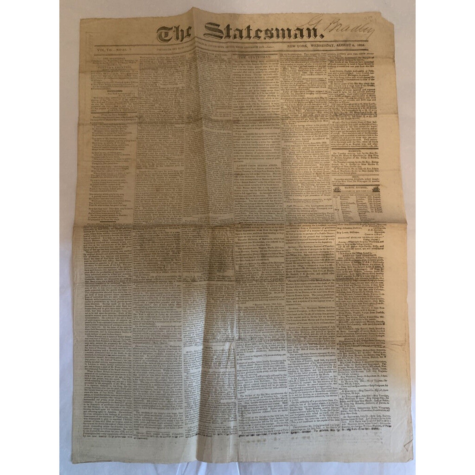 Antique THE STATESMAN NEW YORK August 6, 1828 RARE NEWSPAPER Antique THE STATESMAN NEW YORK August 6, 1828 RARE NEWSPAPER