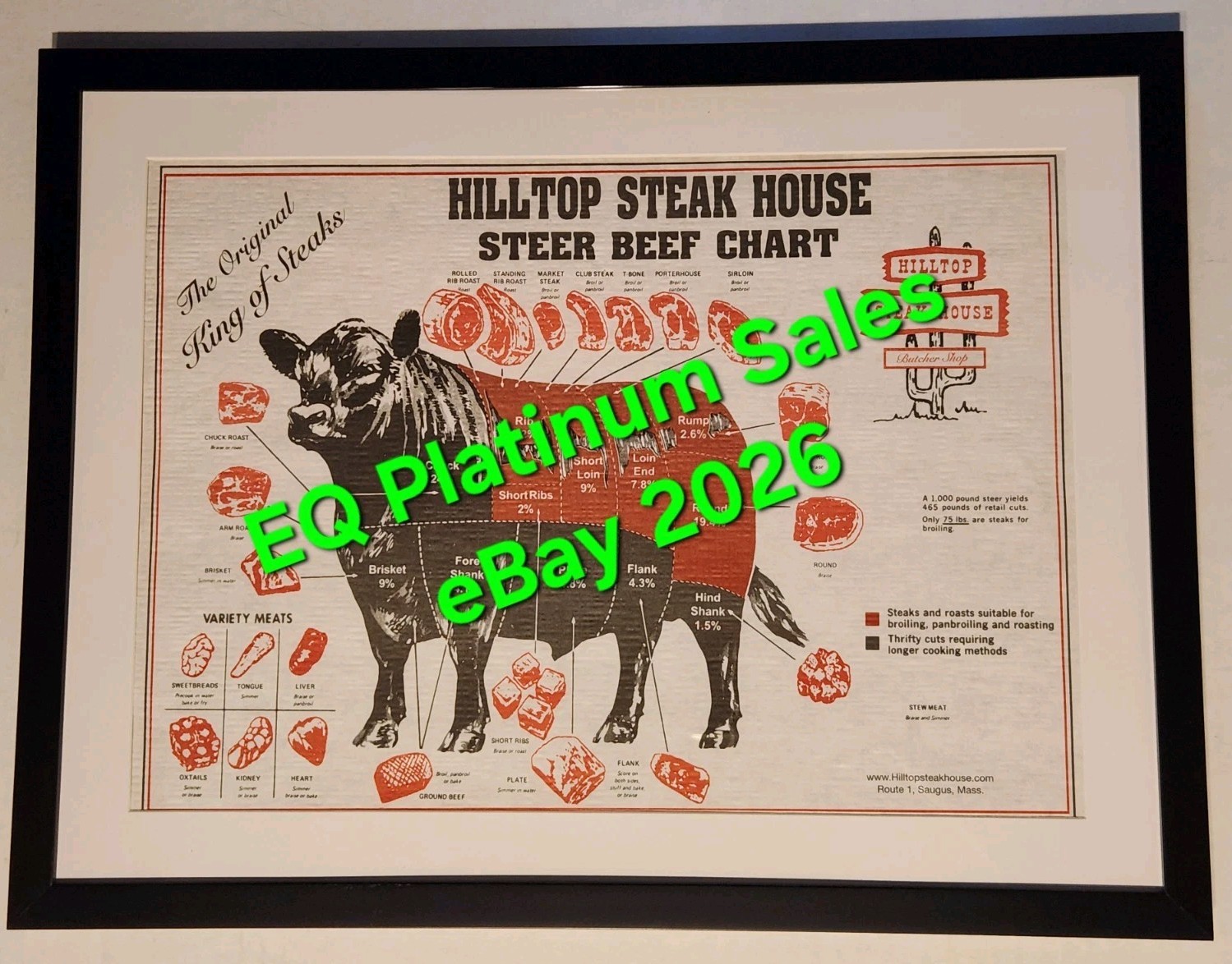 *Original* Frank Giuffrida's Hilltop Steak House Restaurant Placemat (Framed)