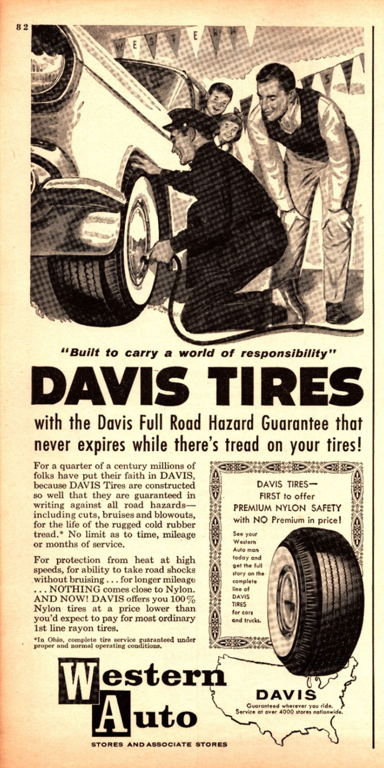 Original 1957 Western Auto Davis Tires Print Ad (8in x 11in) Advertisement