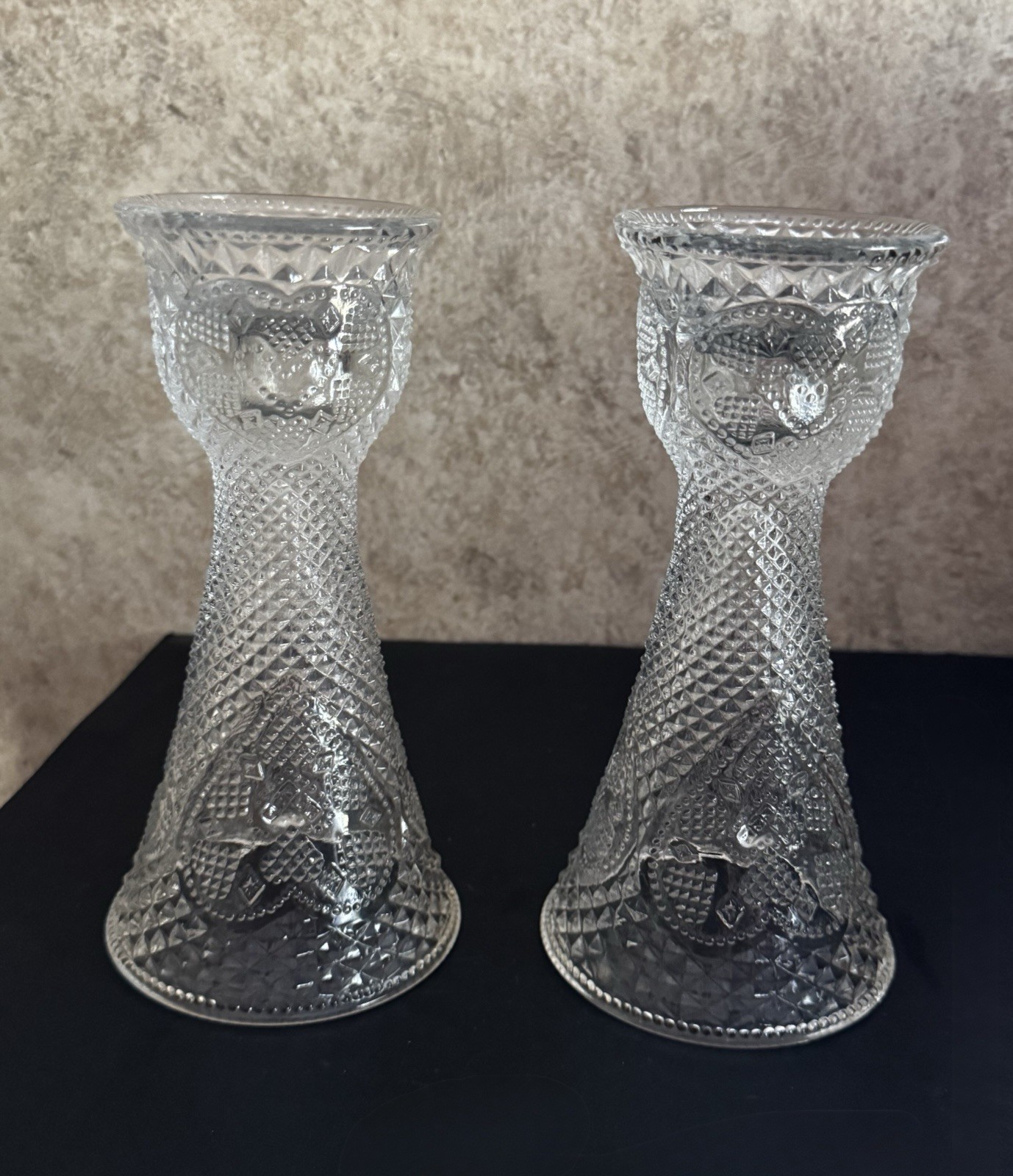 Vintage 1979 Avon Fostoria Heart & Diamond Reversible Candle Holders Vases Pair