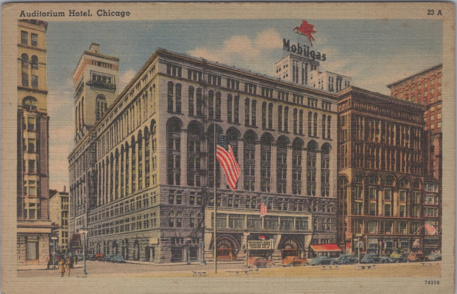 Auditorium Hotel Chicago Illinois IL Mobilgas Sign Downtown Scene Postcard