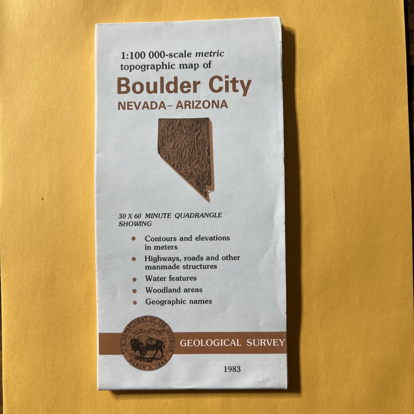 USGS Topographical, Boulder City, Nevada-Arizona, 1984. 1,100,000 Metric Scale.